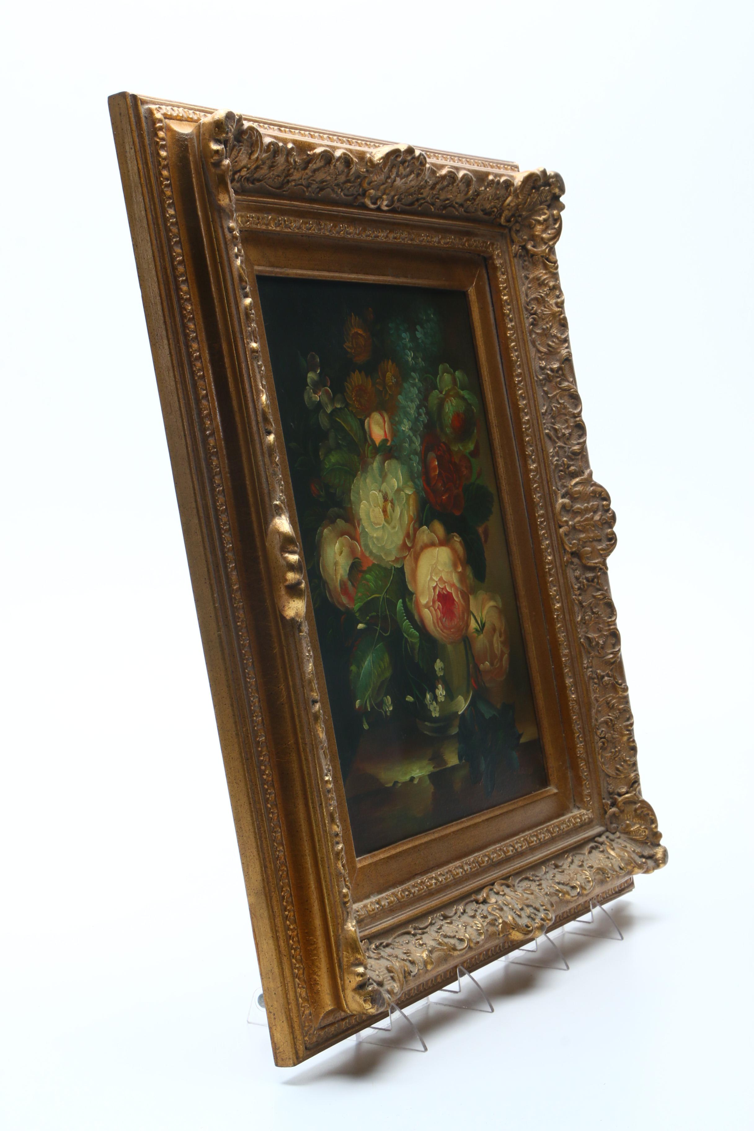 J. Martin Oil Painting on Canvas of Floral Still Life