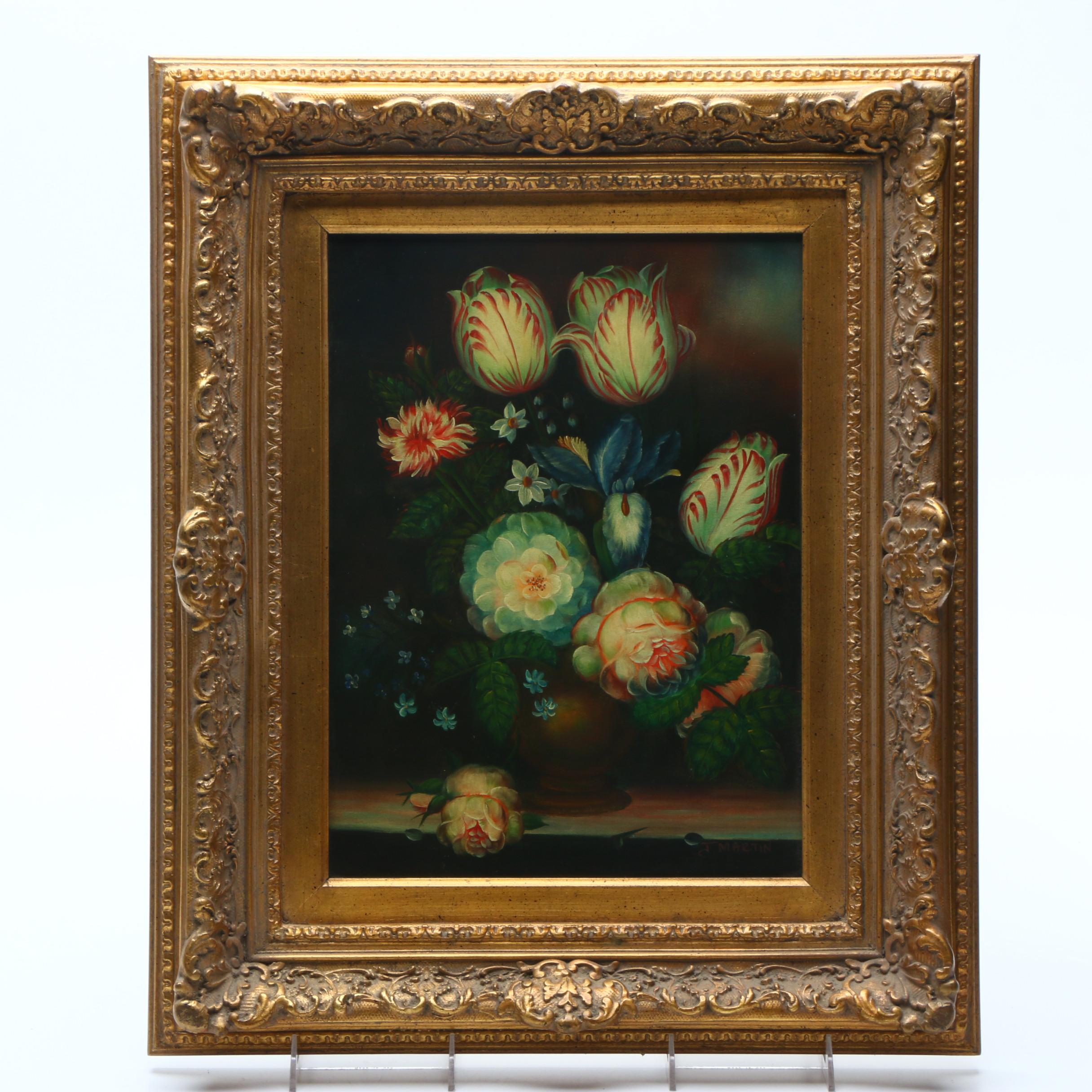 J. Martin Oil Painting on Canvas of Floral Still Life