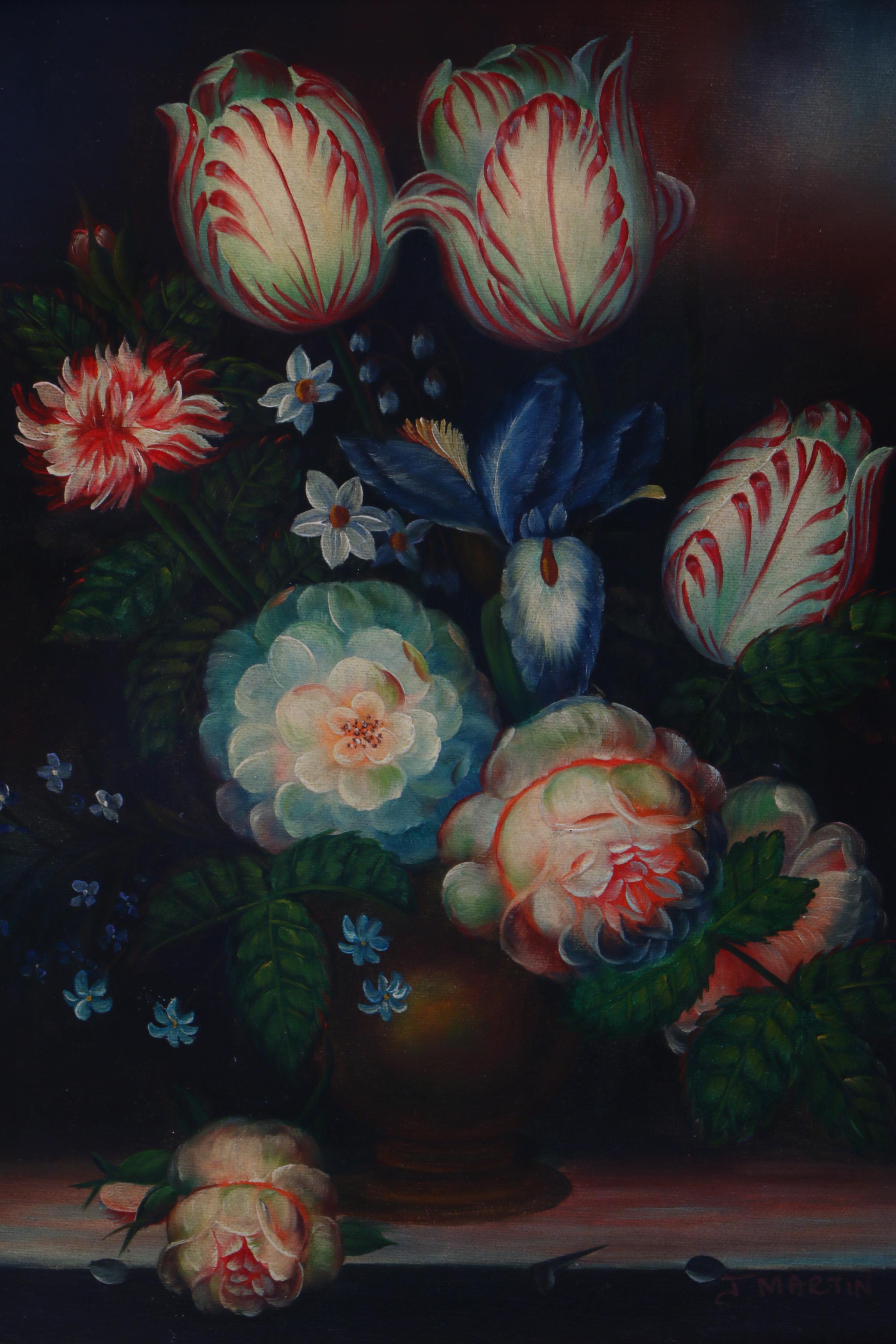 J. Martin Oil Painting on Canvas of Floral Still Life