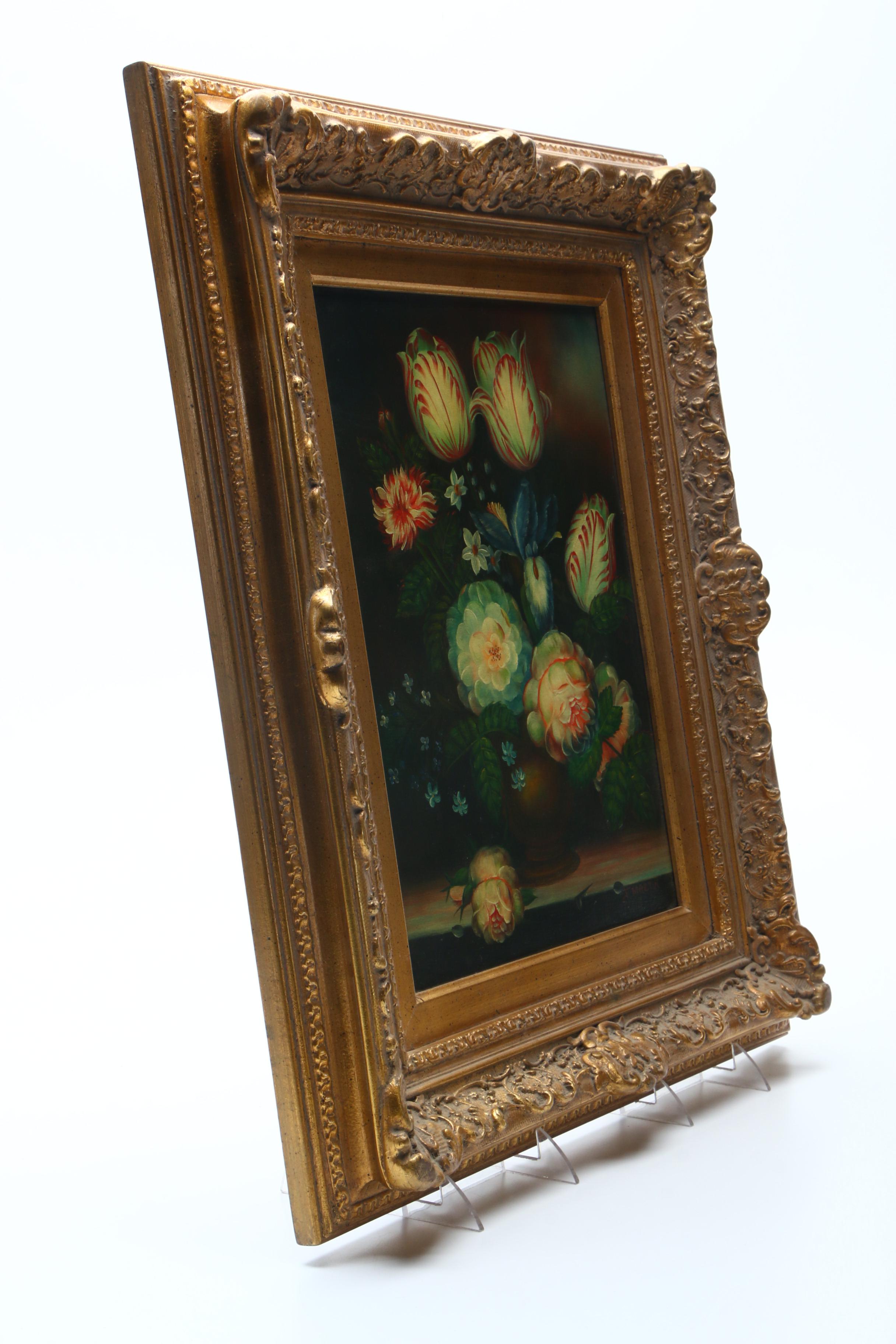 J. Martin Oil Painting on Canvas of Floral Still Life