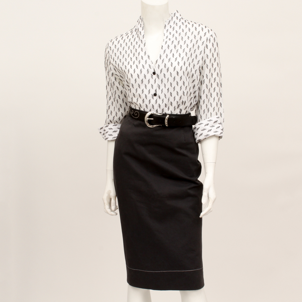 Prada Skirt and Fitted Patterned Blouse with Brighton Belt