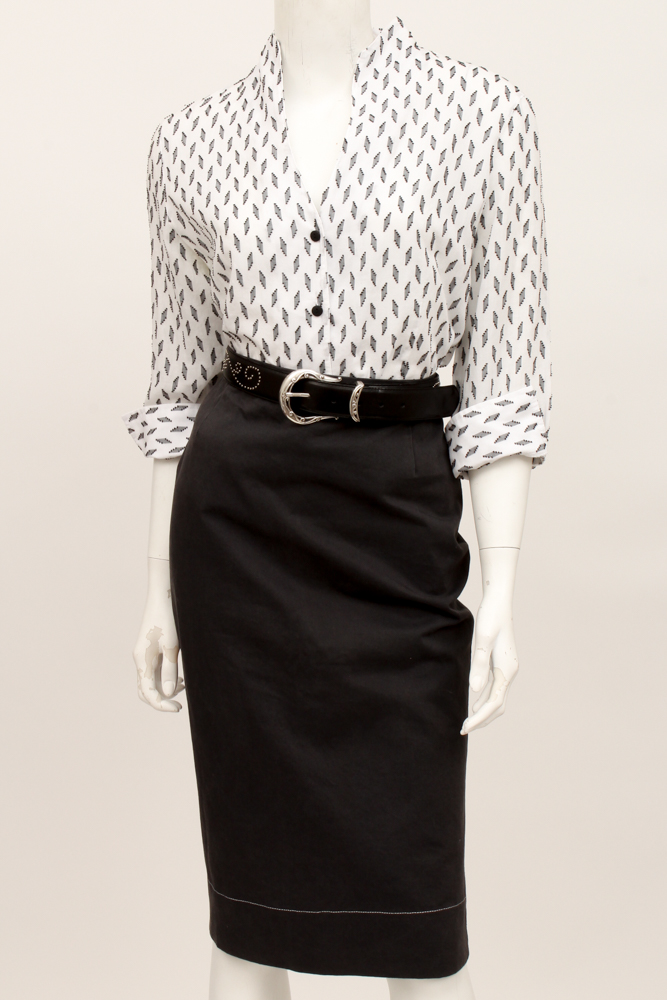 Prada Skirt and Fitted Patterned Blouse with Brighton Belt