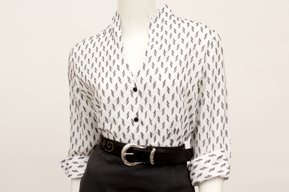 Prada Skirt and Fitted Patterned Blouse with Brighton Belt