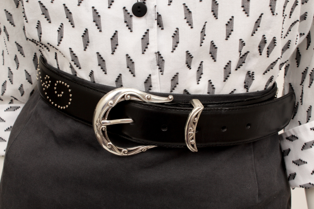 Prada Skirt and Fitted Patterned Blouse with Brighton Belt