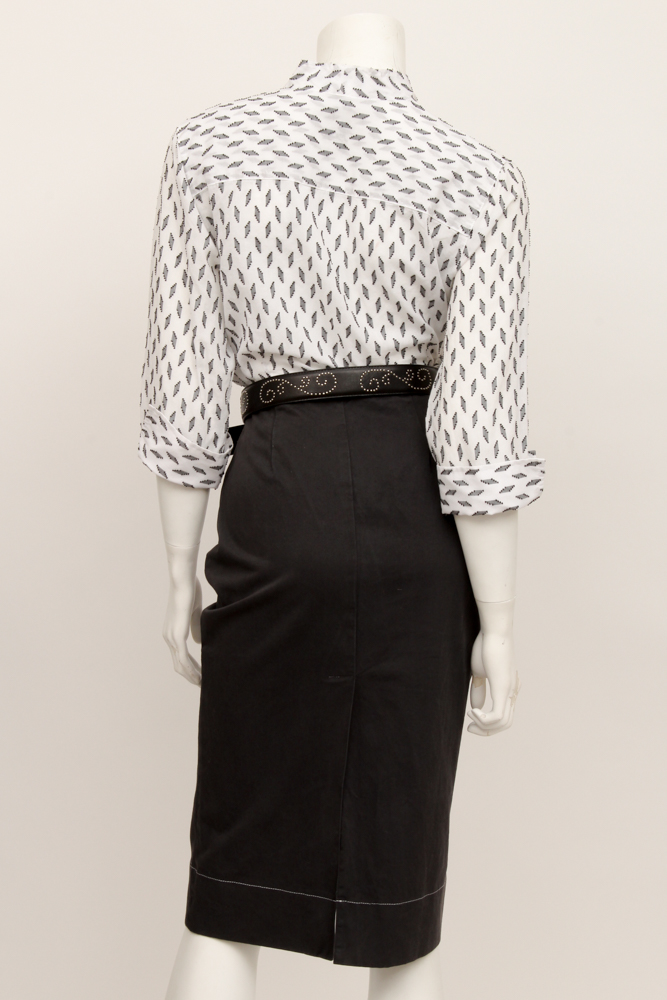 Prada Skirt and Fitted Patterned Blouse with Brighton Belt