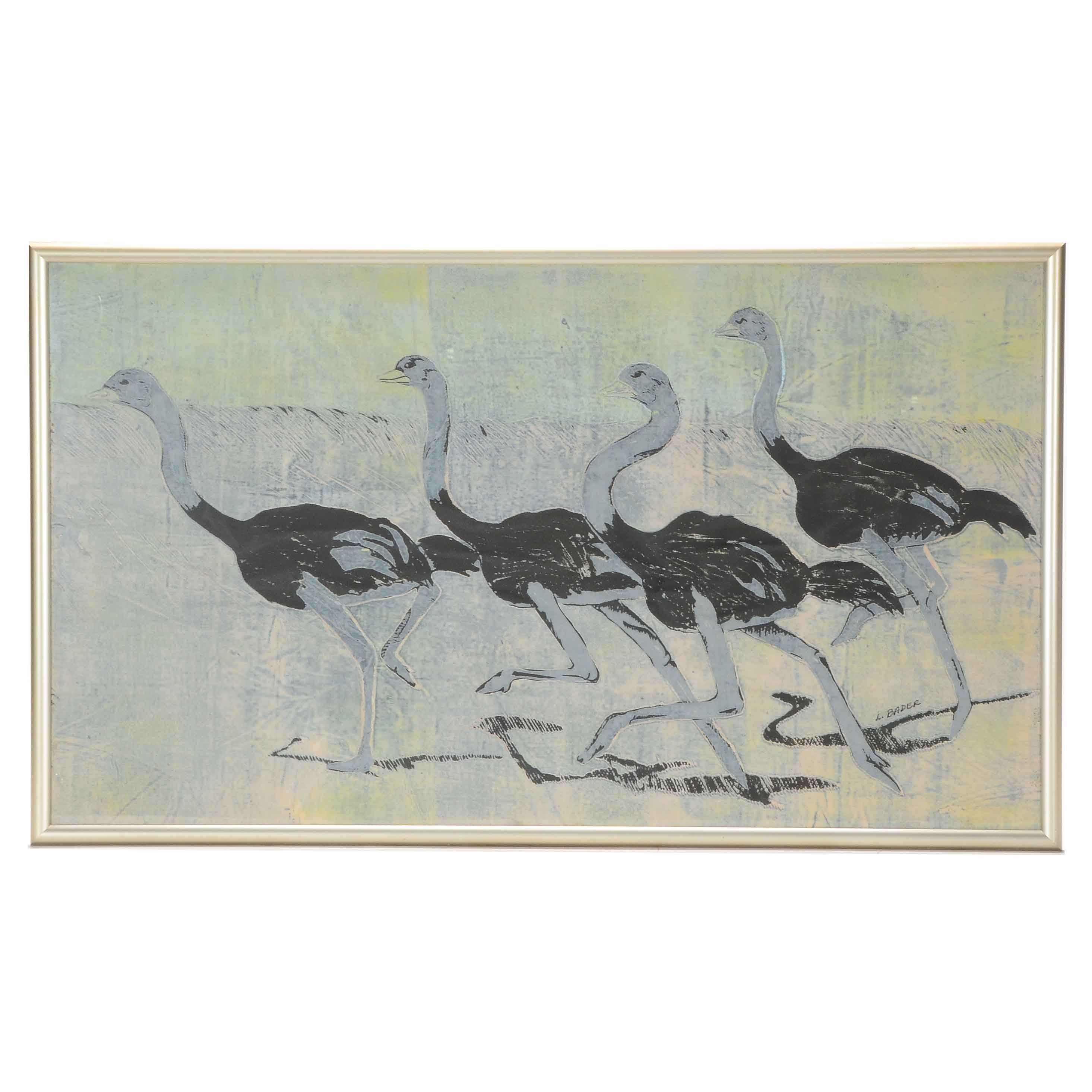 L. Bader Signed Relief Print of Ostriches