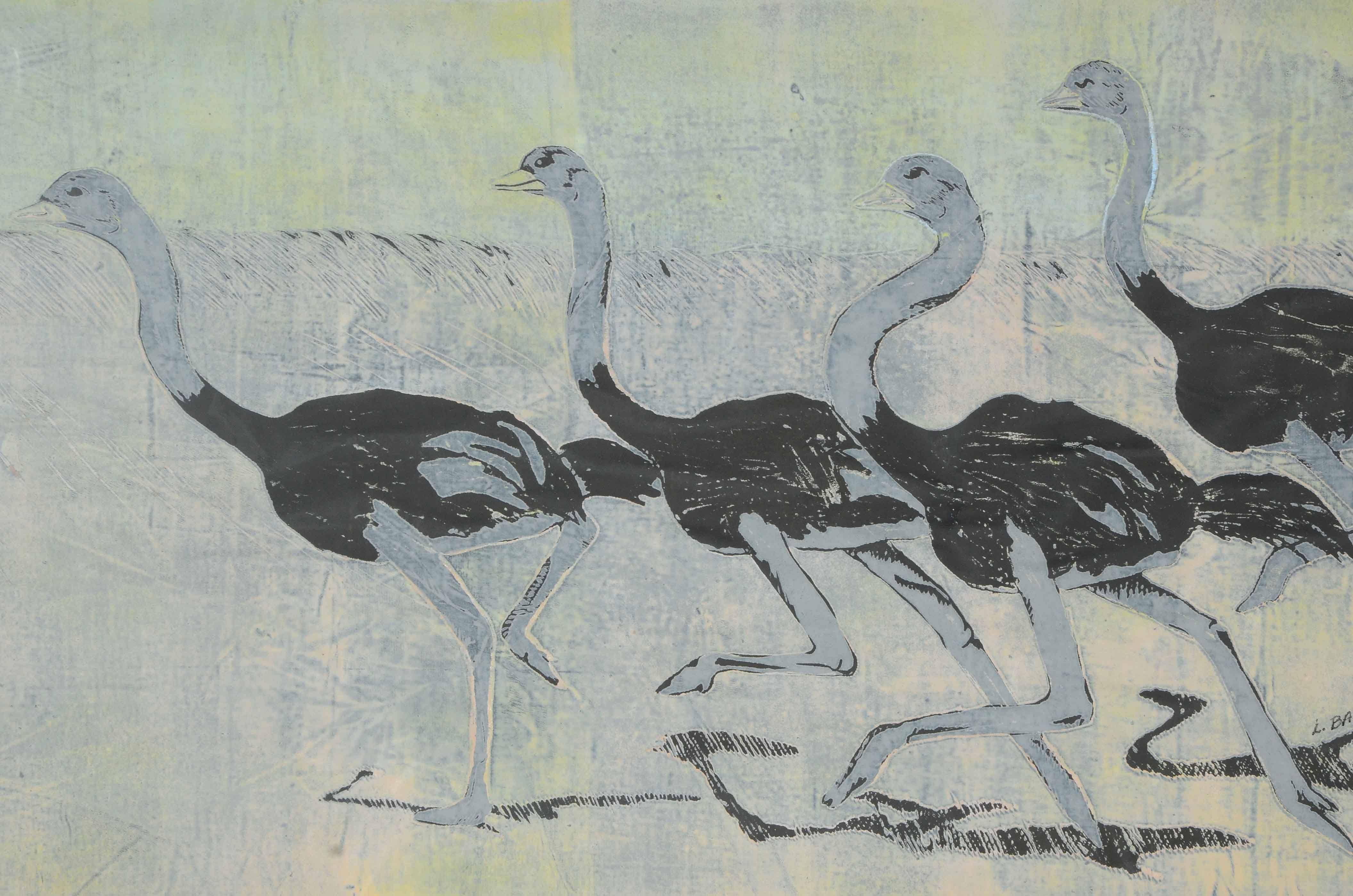 L. Bader Signed Relief Print of Ostriches
