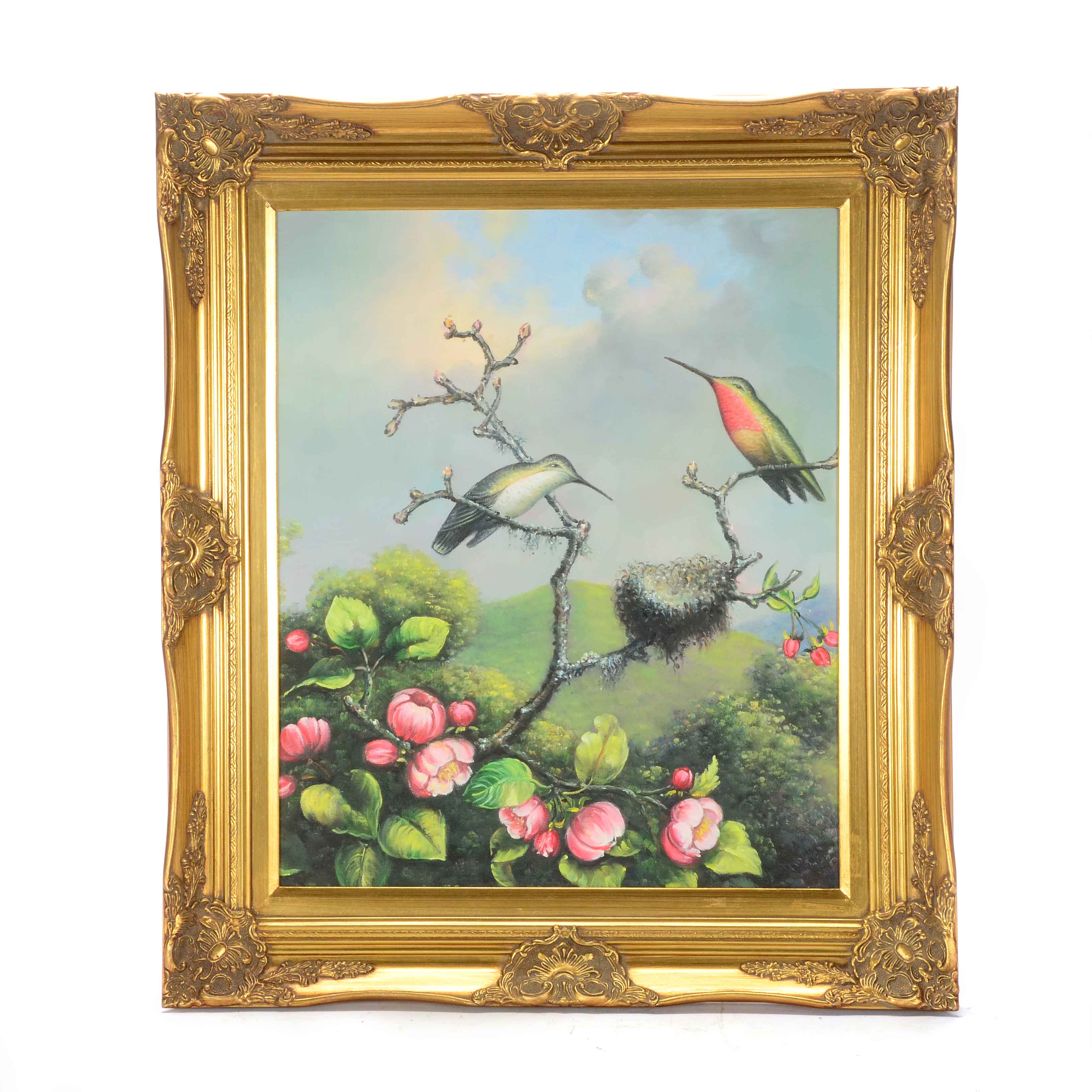 Acrylic on Canvas Painting of Birds in a Flowering Tree