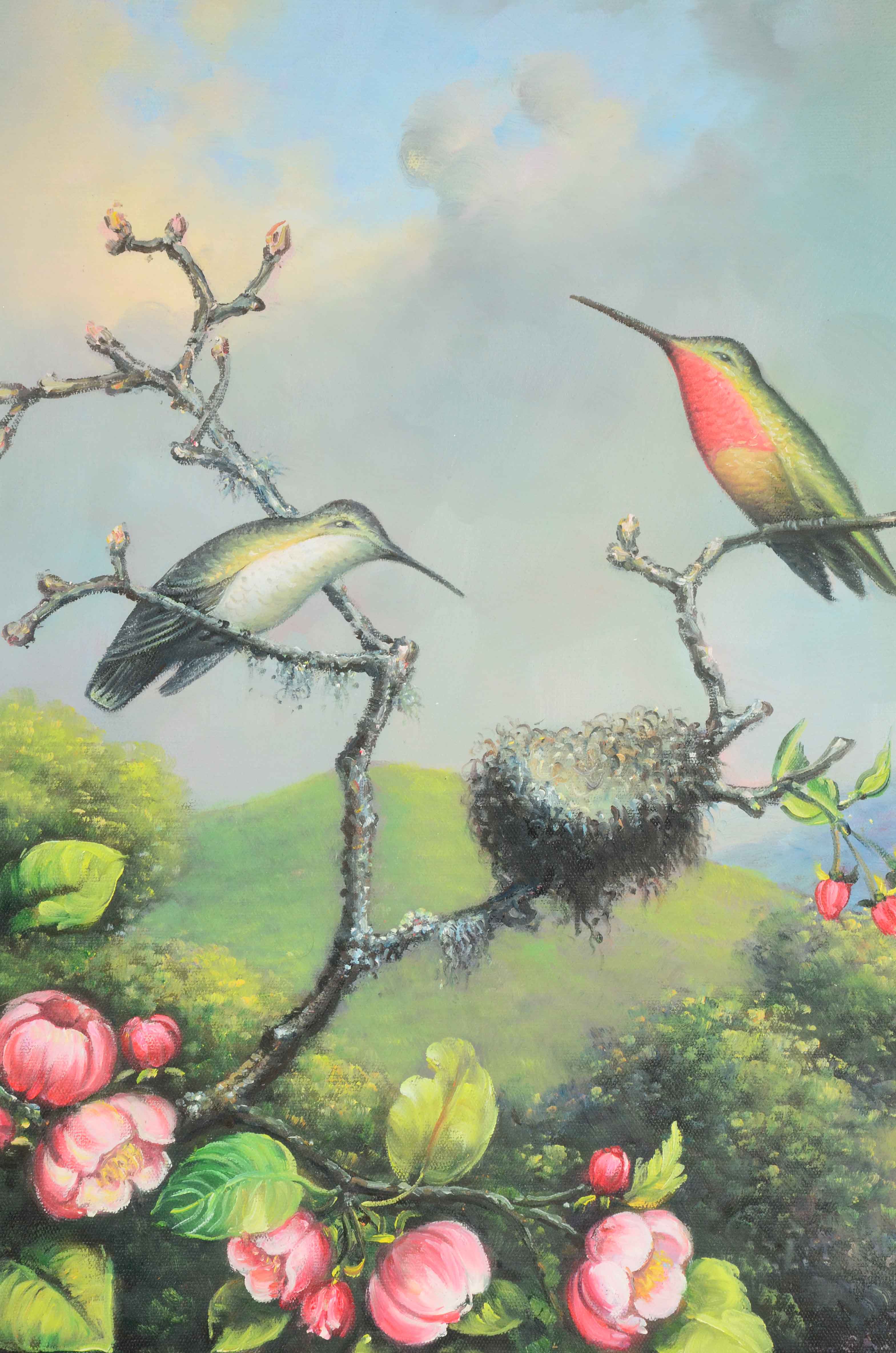 Acrylic on Canvas Painting of Birds in a Flowering Tree