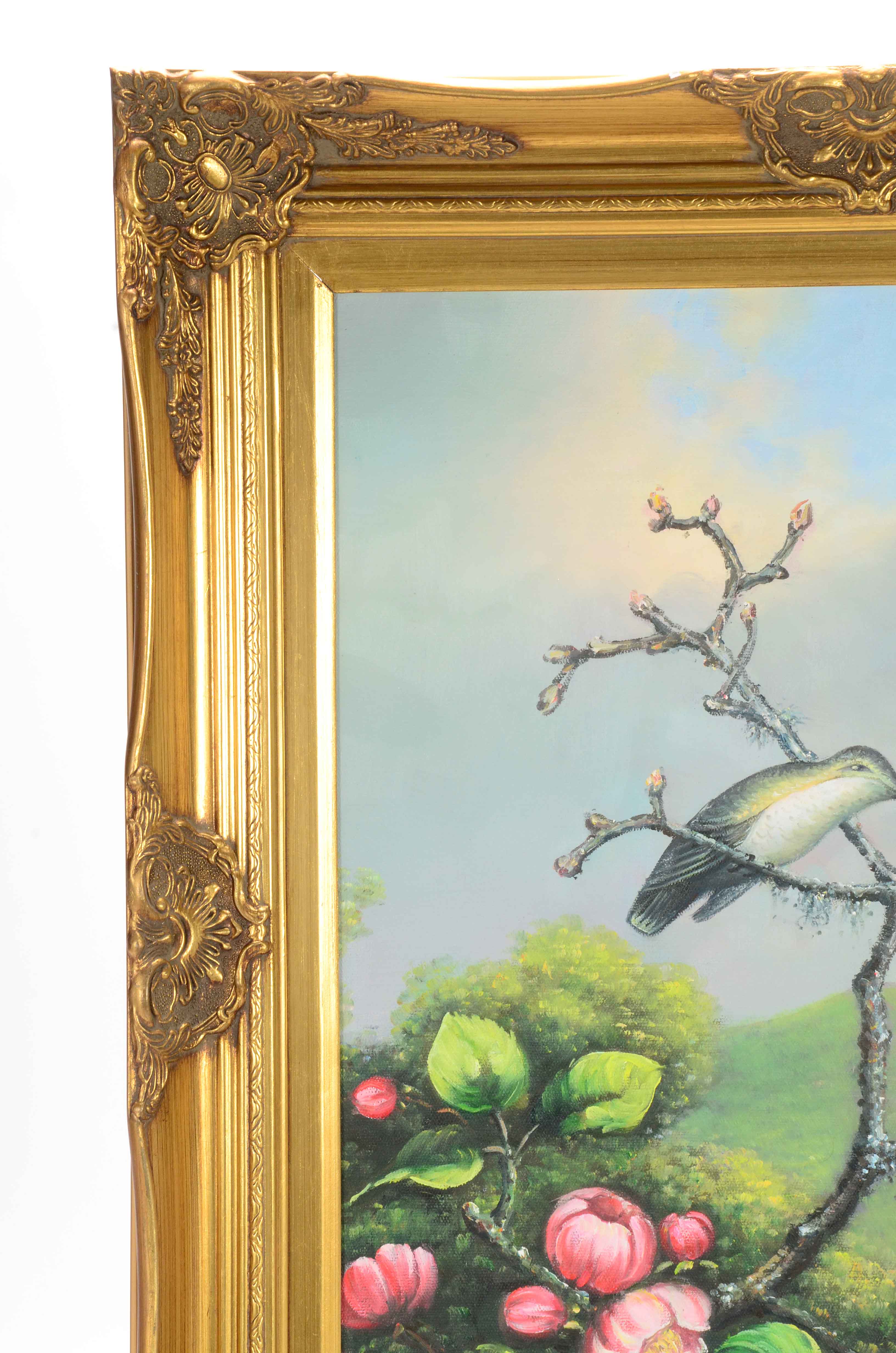 Acrylic on Canvas Painting of Birds in a Flowering Tree