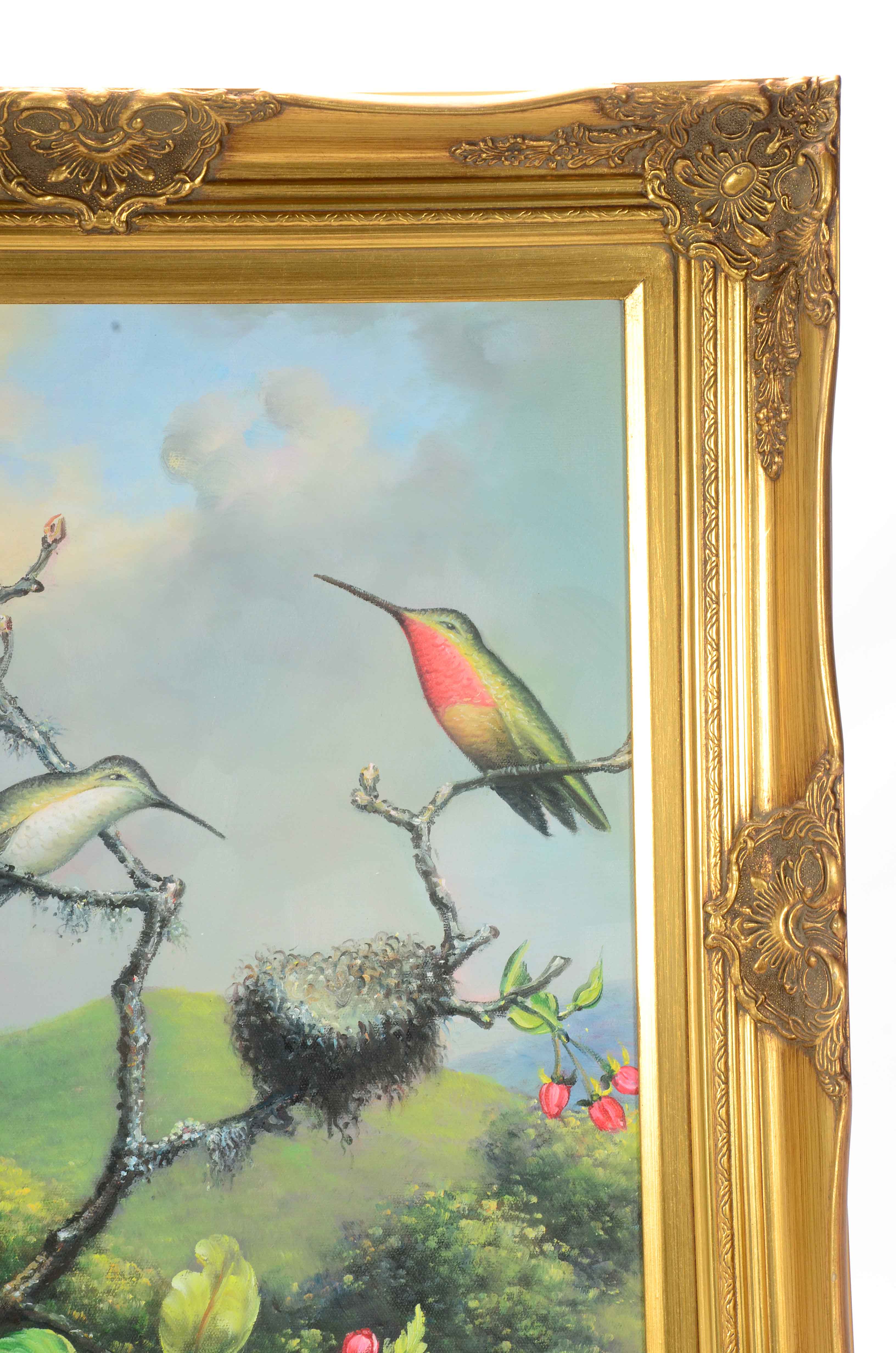 Acrylic on Canvas Painting of Birds in a Flowering Tree