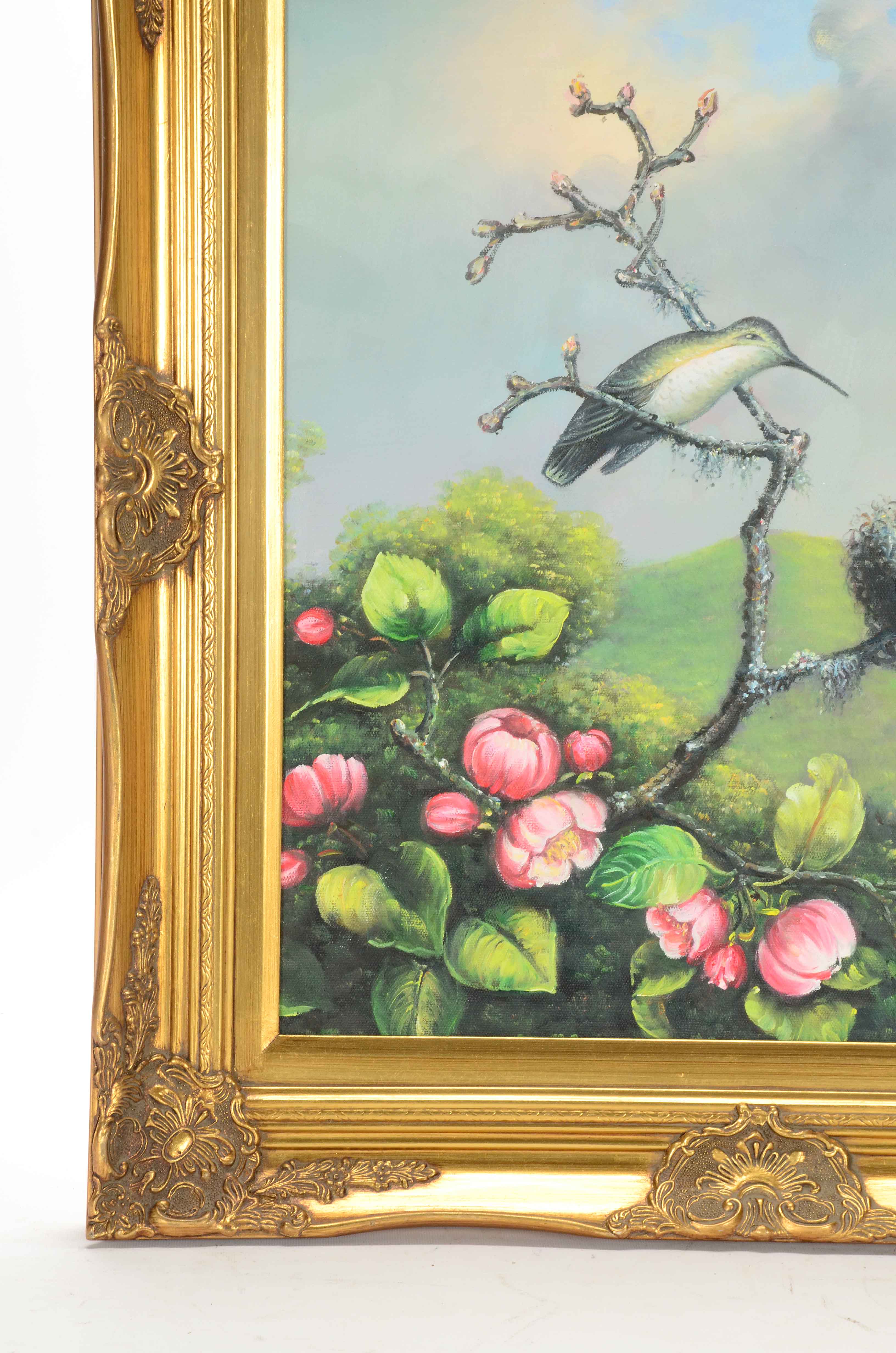 Acrylic on Canvas Painting of Birds in a Flowering Tree