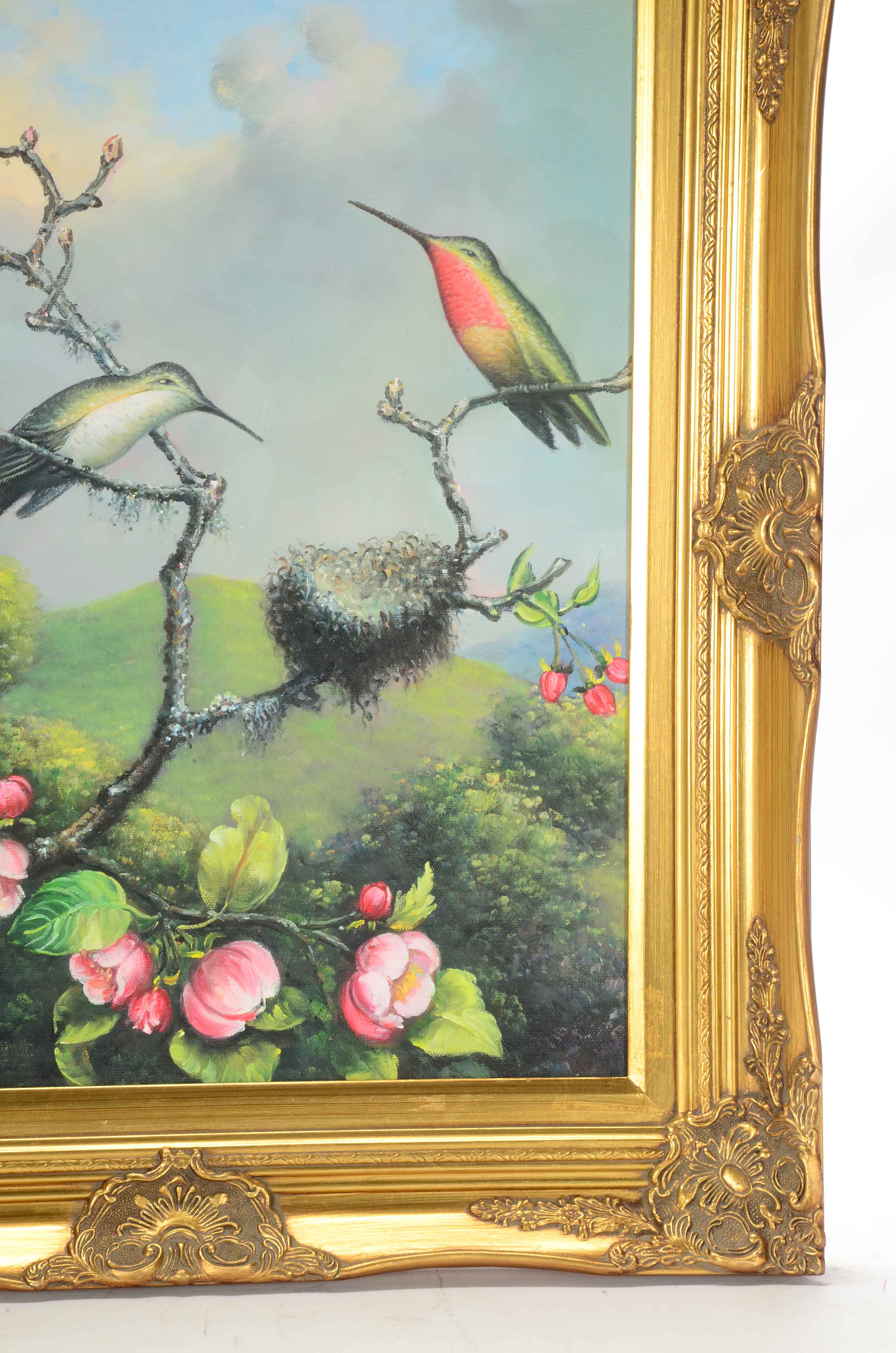 Acrylic on Canvas Painting of Birds in a Flowering Tree