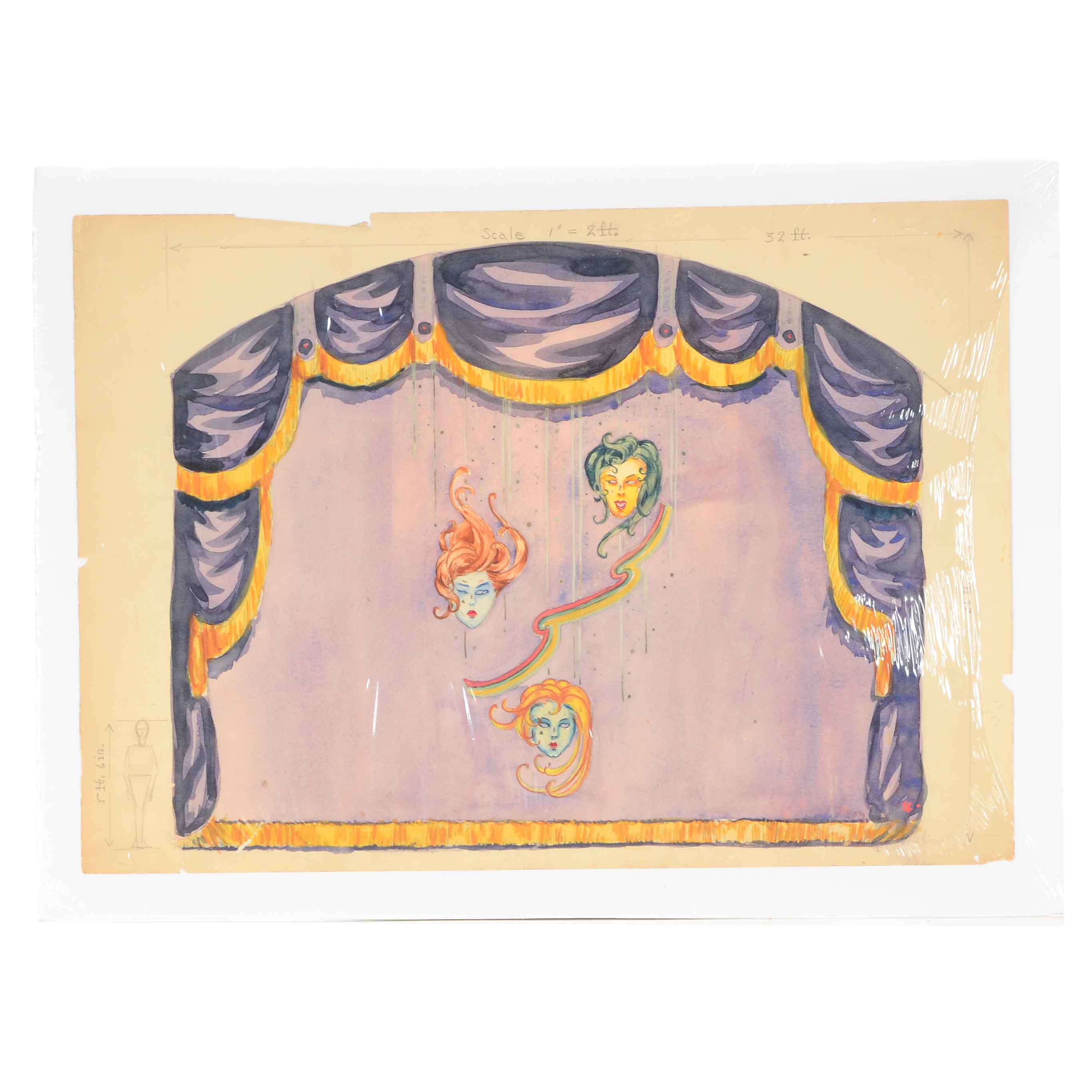 Signed Watercolor and Graphite Sketch of Theater Design