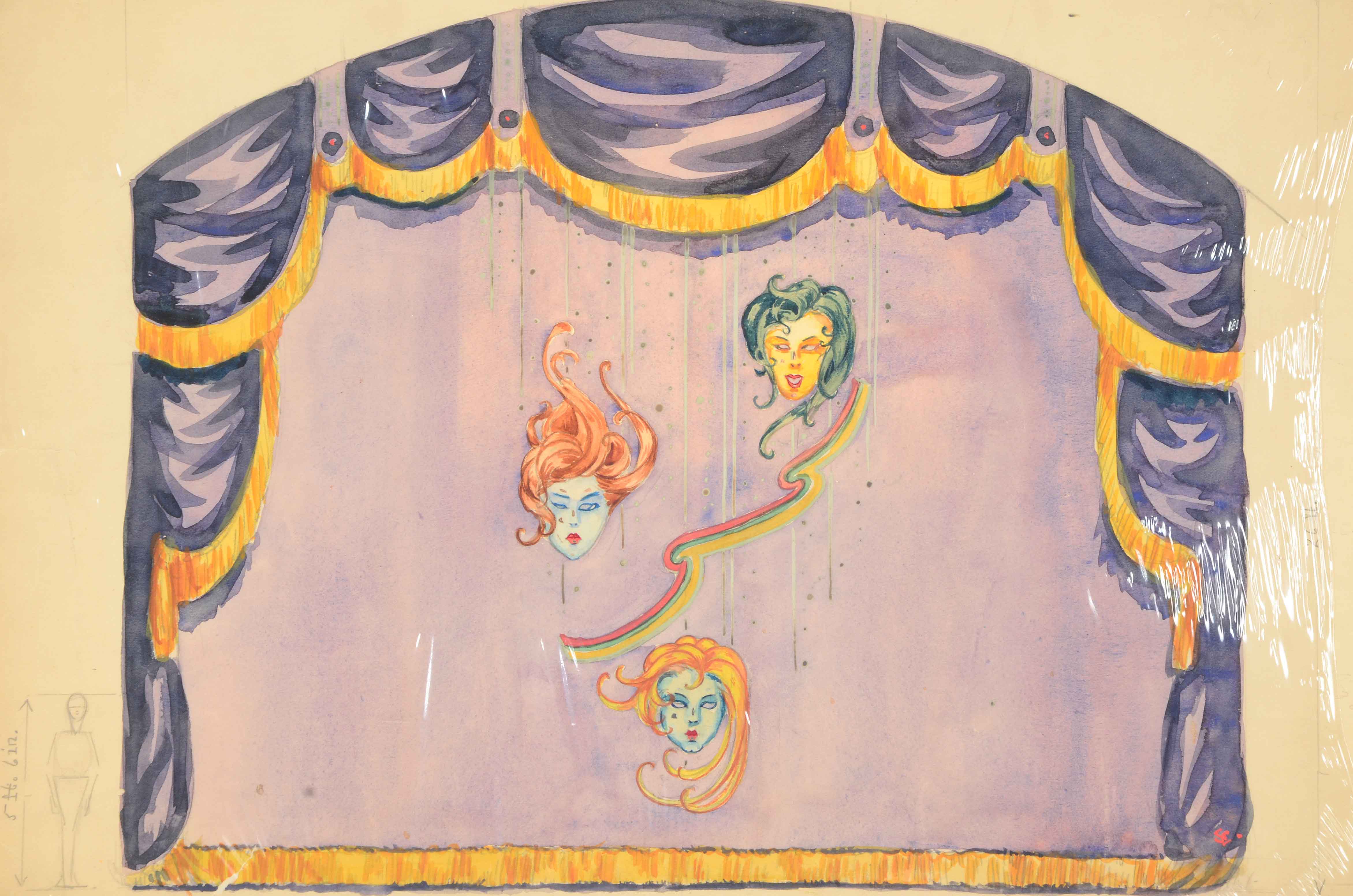Signed Watercolor and Graphite Sketch of Theater Design