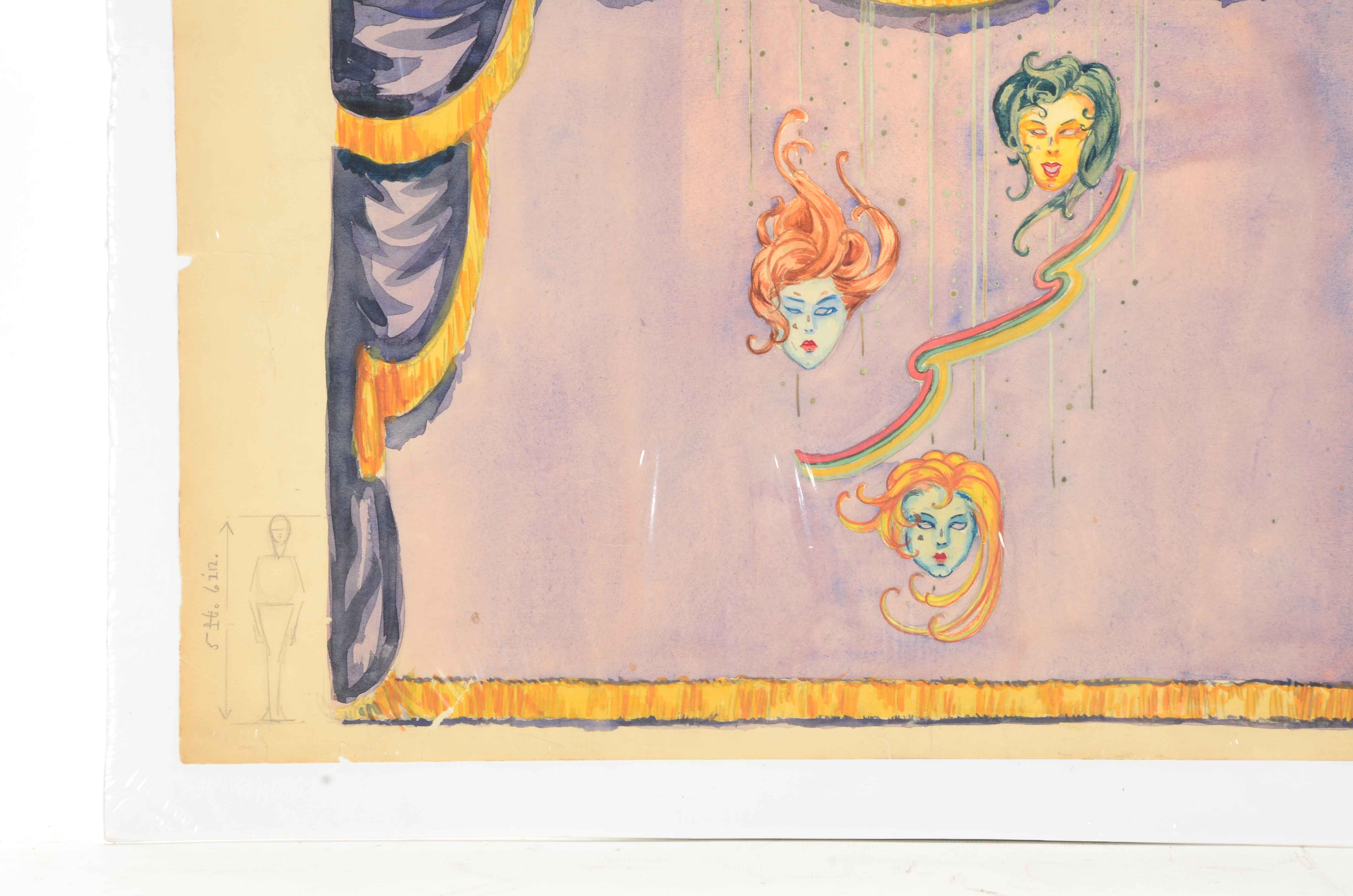 Signed Watercolor and Graphite Sketch of Theater Design