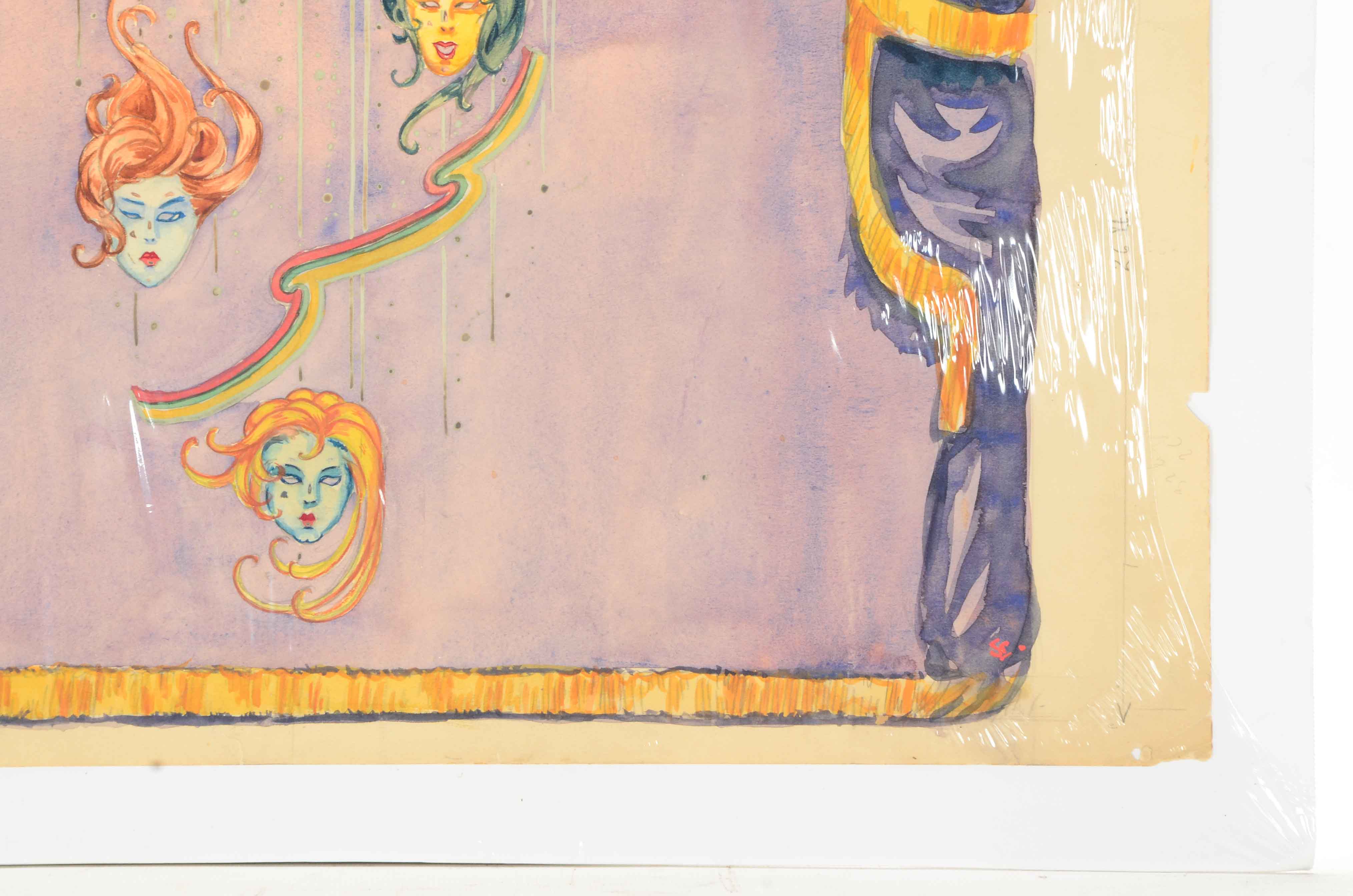 Signed Watercolor and Graphite Sketch of Theater Design