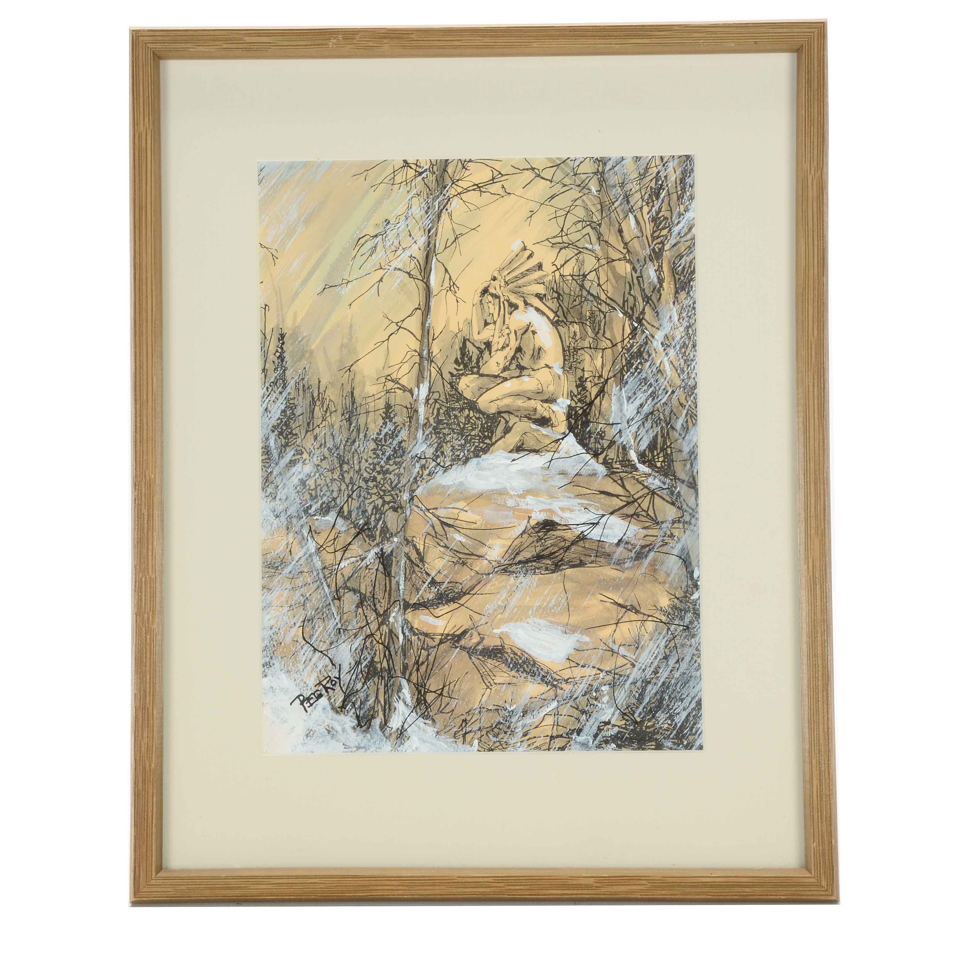 Peg Roy Signed Watercolor Painting of a Native American Statue