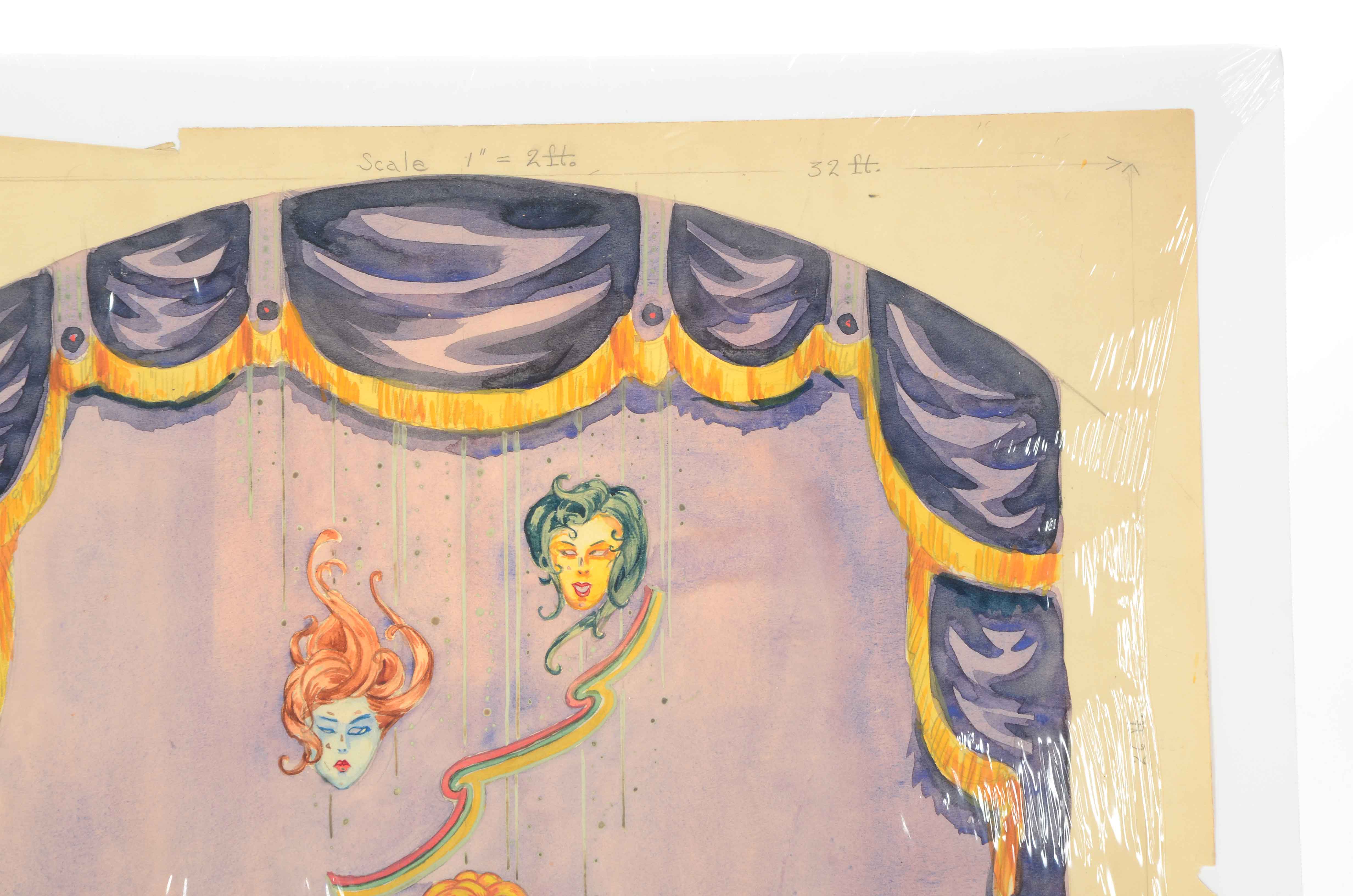 Signed Watercolor and Graphite Sketch of Theater Design