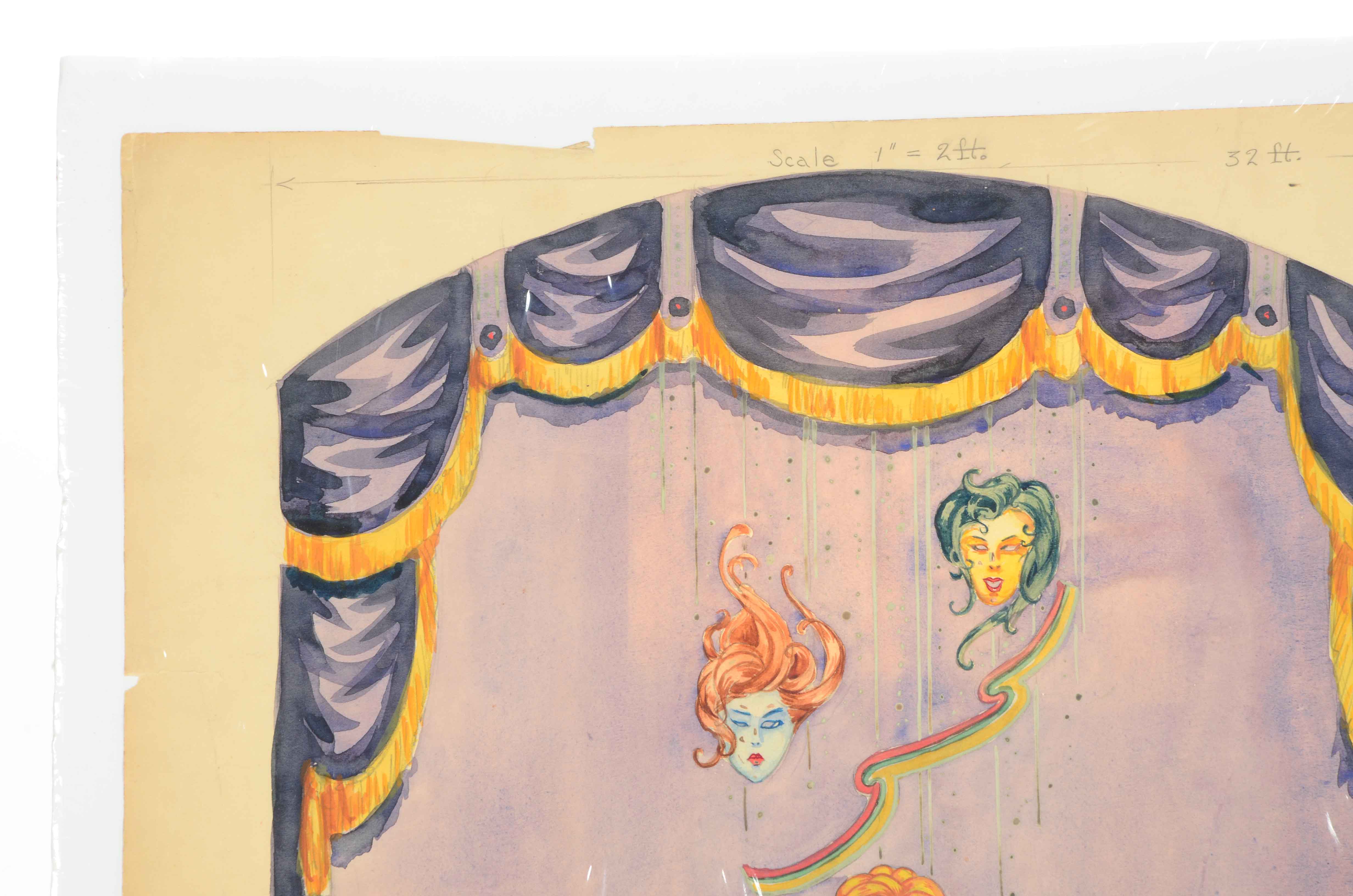 Signed Watercolor and Graphite Sketch of Theater Design