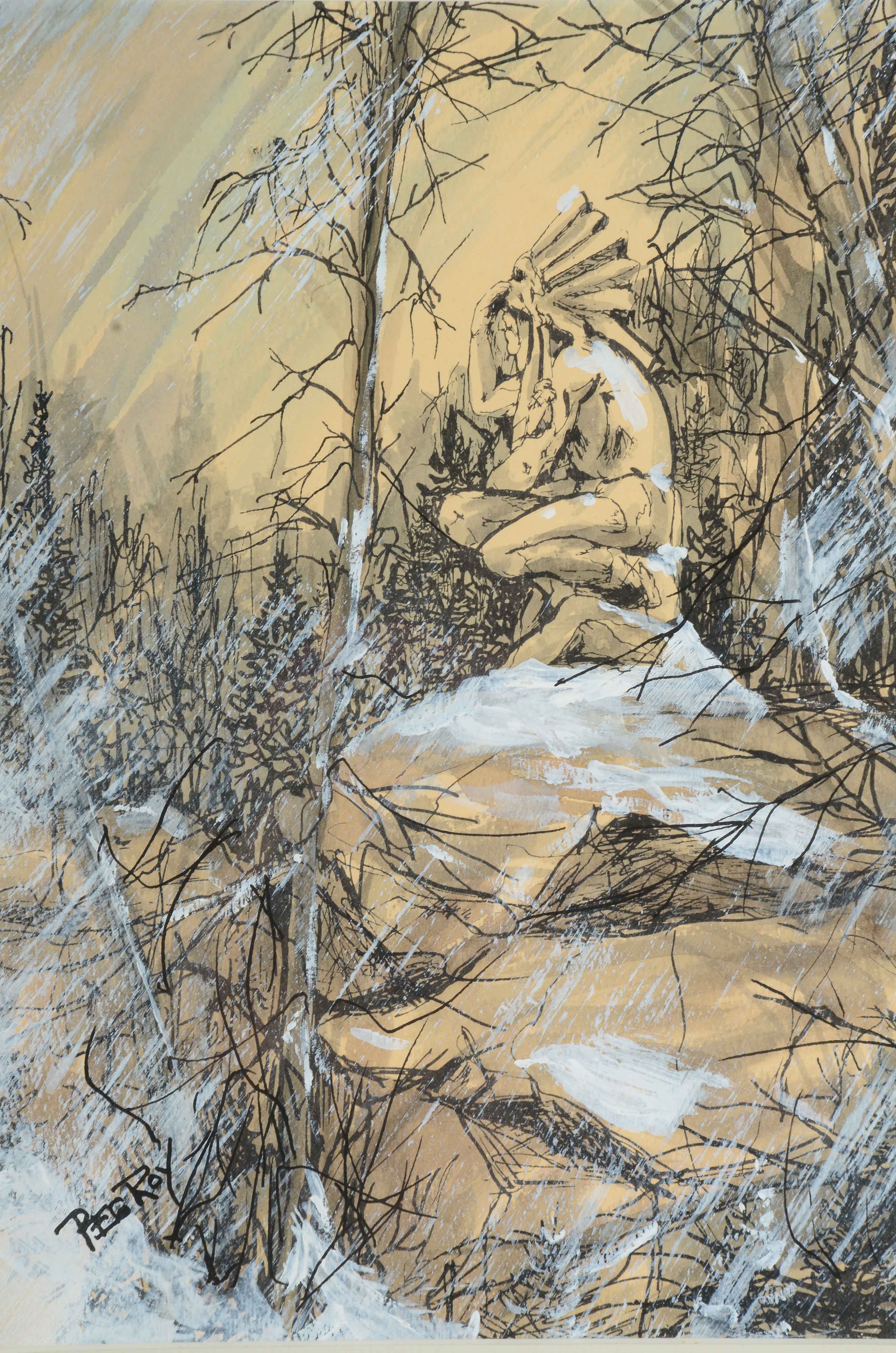 Peg Roy Signed Watercolor Painting of a Native American Statue