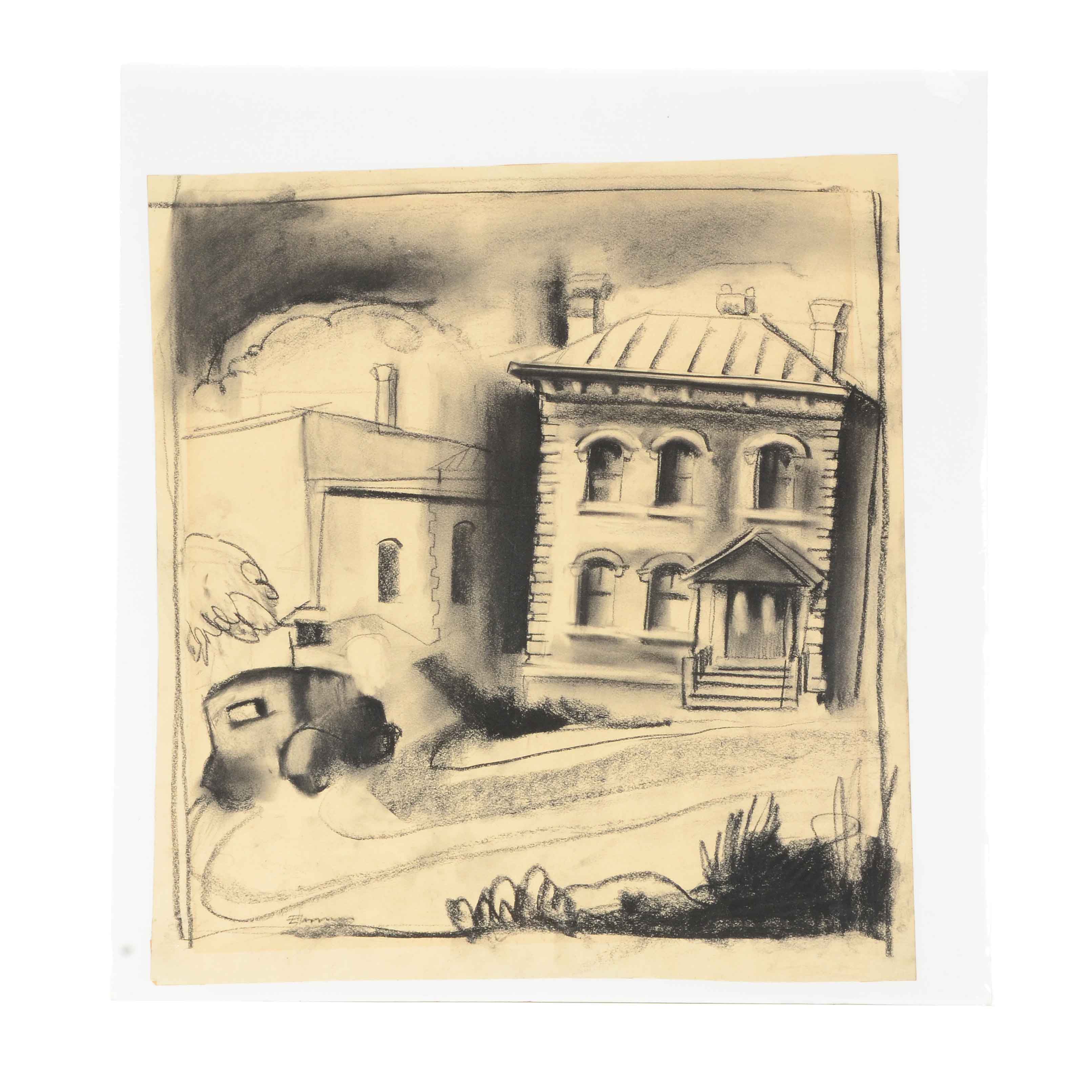 Signed Original Charcoal Drawing on Paper of a House