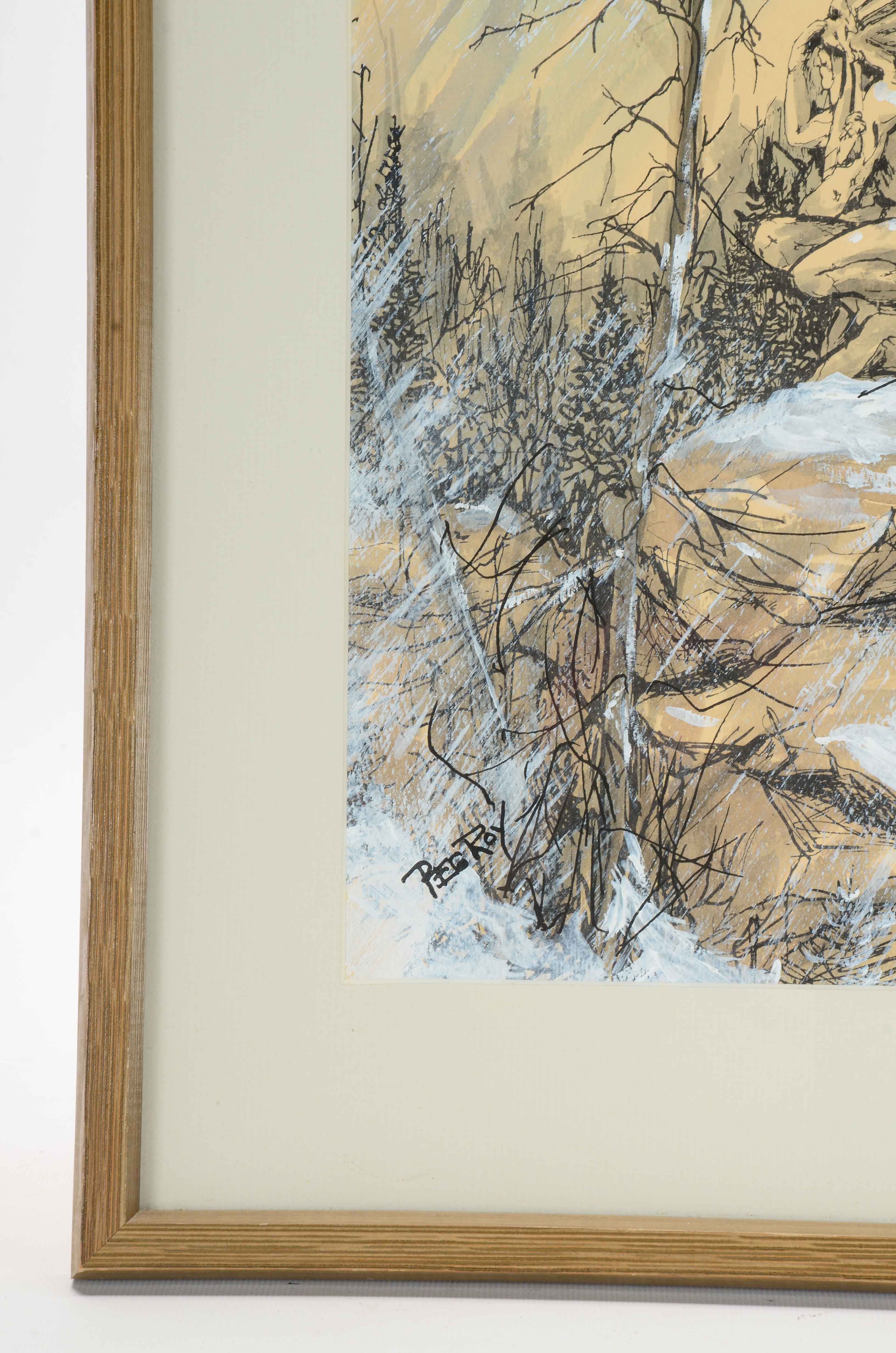 Peg Roy Signed Watercolor Painting of a Native American Statue