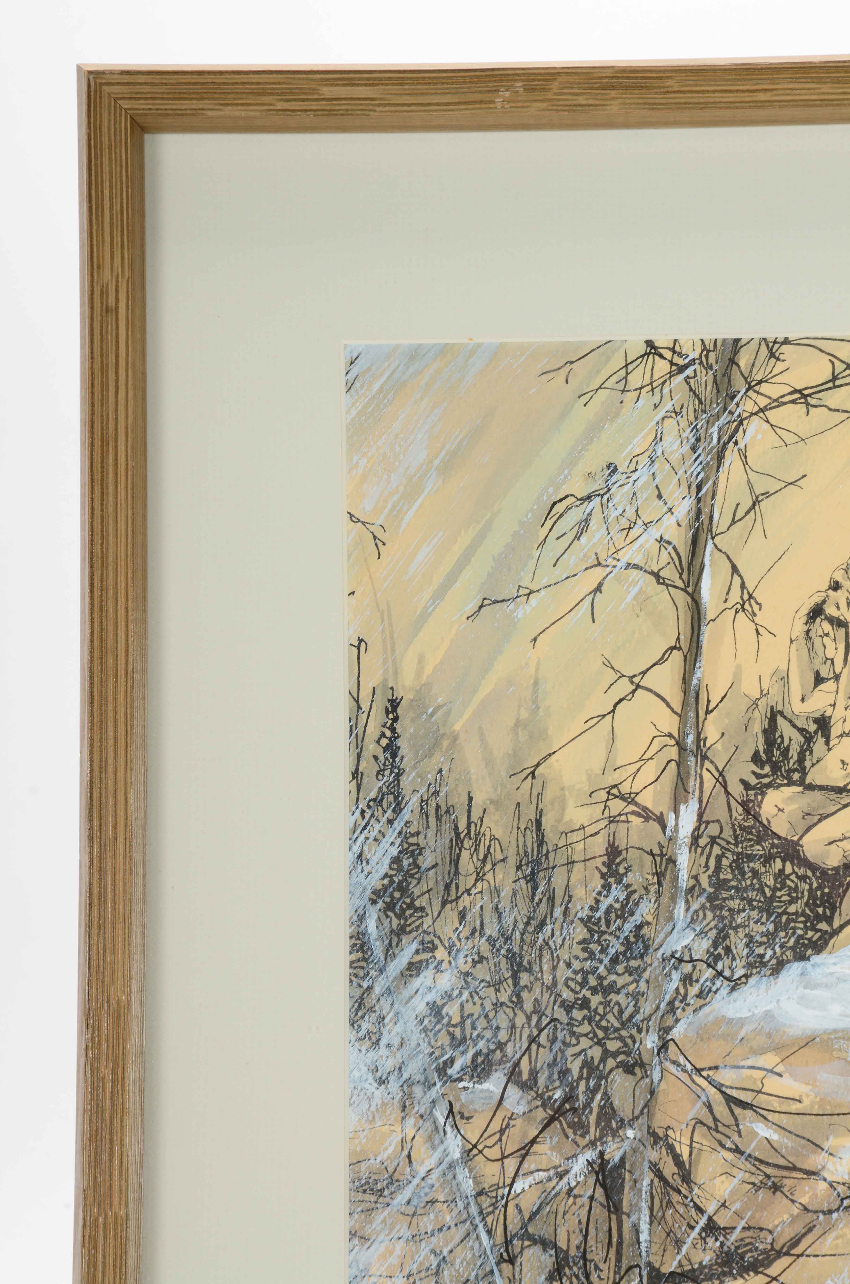 Peg Roy Signed Watercolor Painting of a Native American Statue