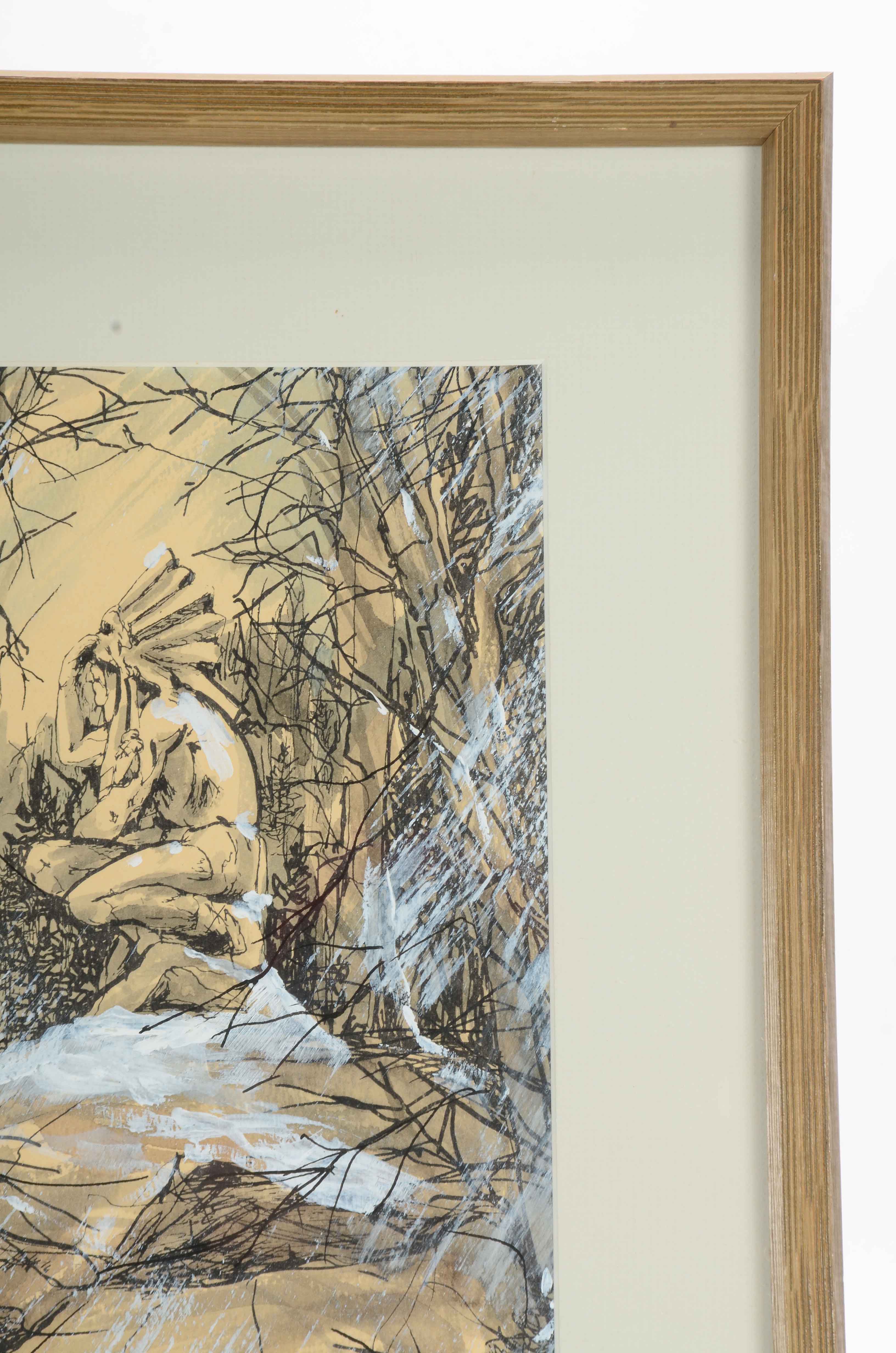 Peg Roy Signed Watercolor Painting of a Native American Statue