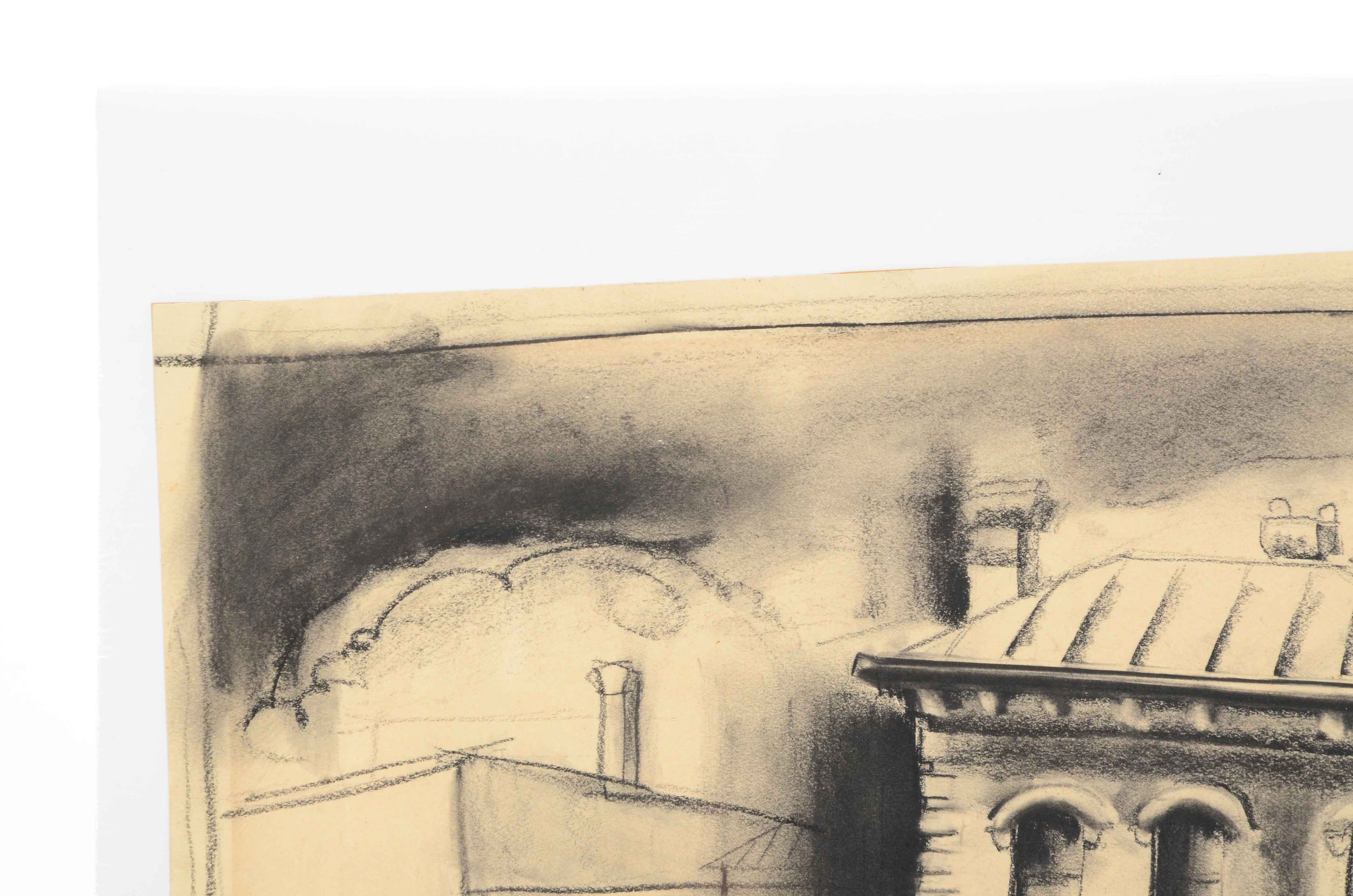 Signed Original Charcoal Drawing on Paper of a House