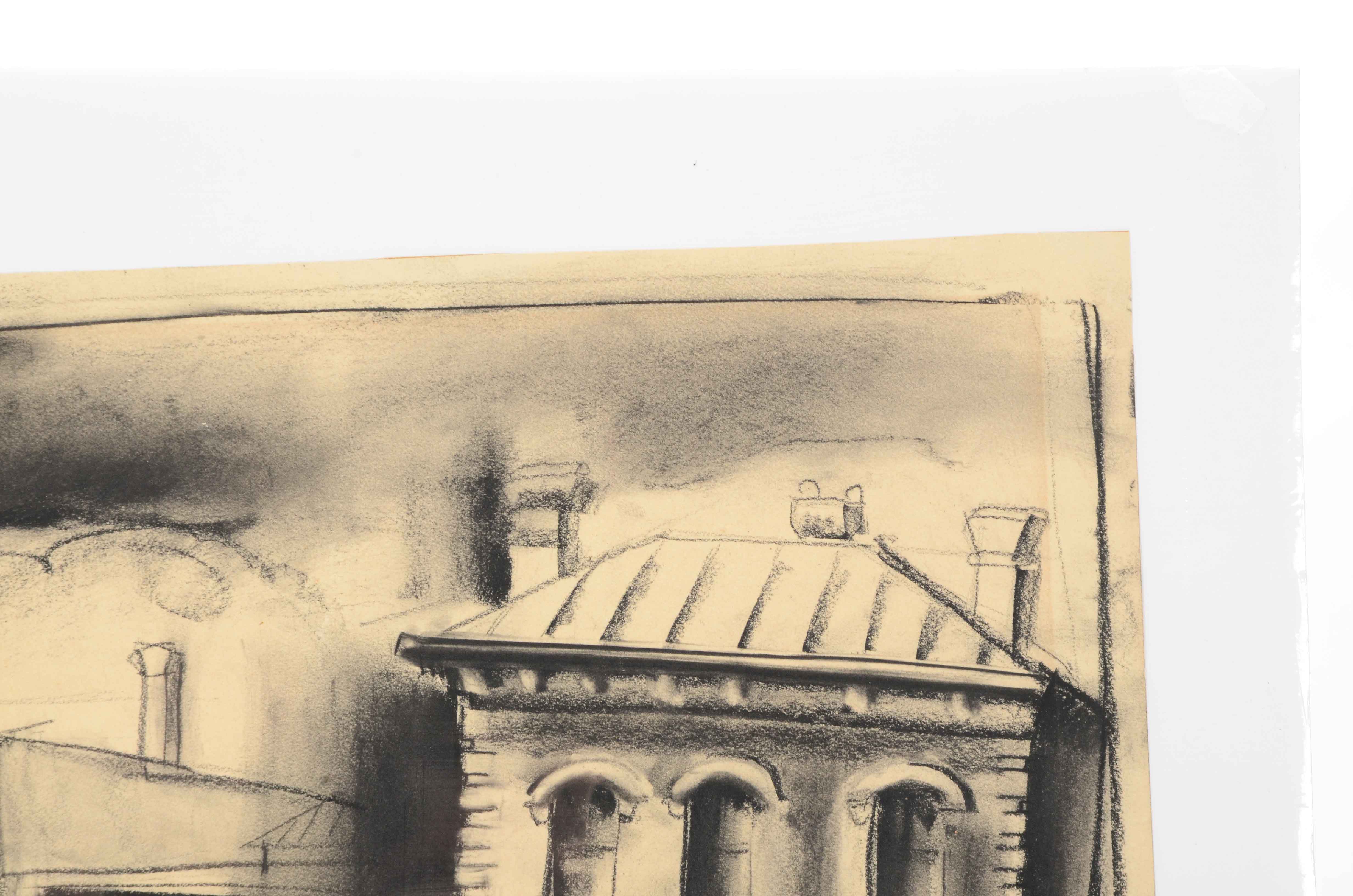 Signed Original Charcoal Drawing on Paper of a House