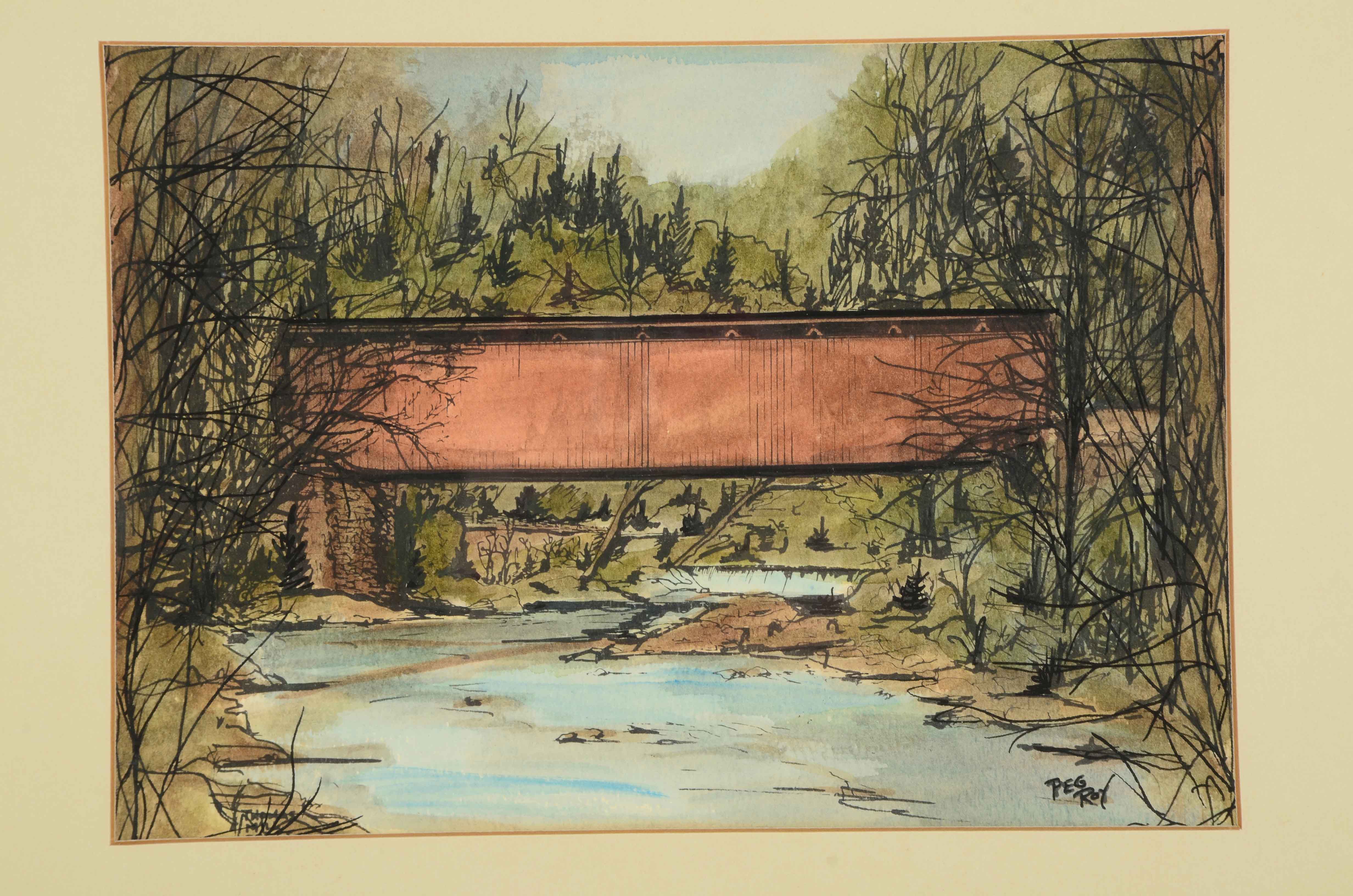 Peg Roy Signed Watercolor Painting of a Covered Bridge