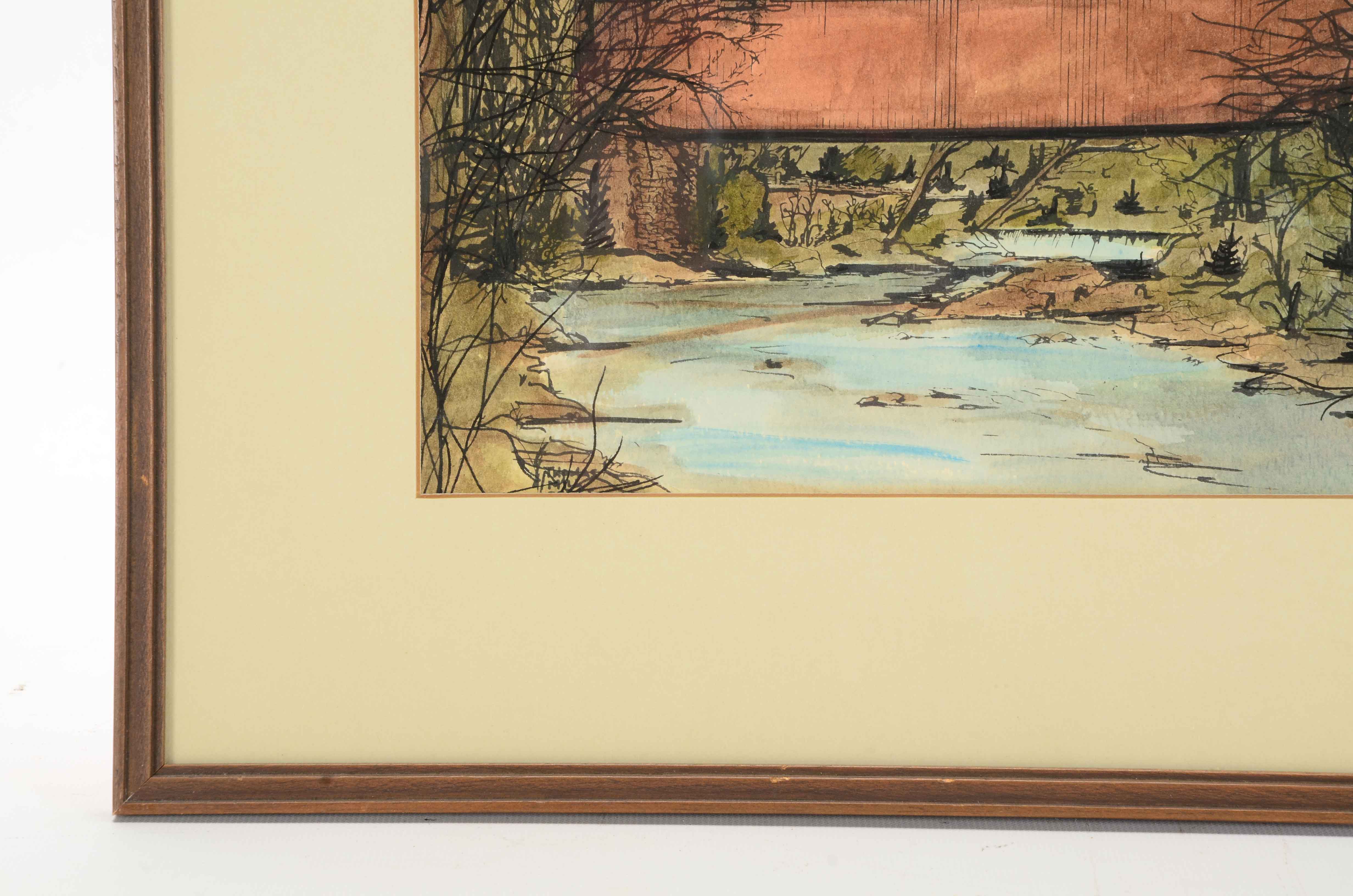 Peg Roy Signed Watercolor Painting of a Covered Bridge