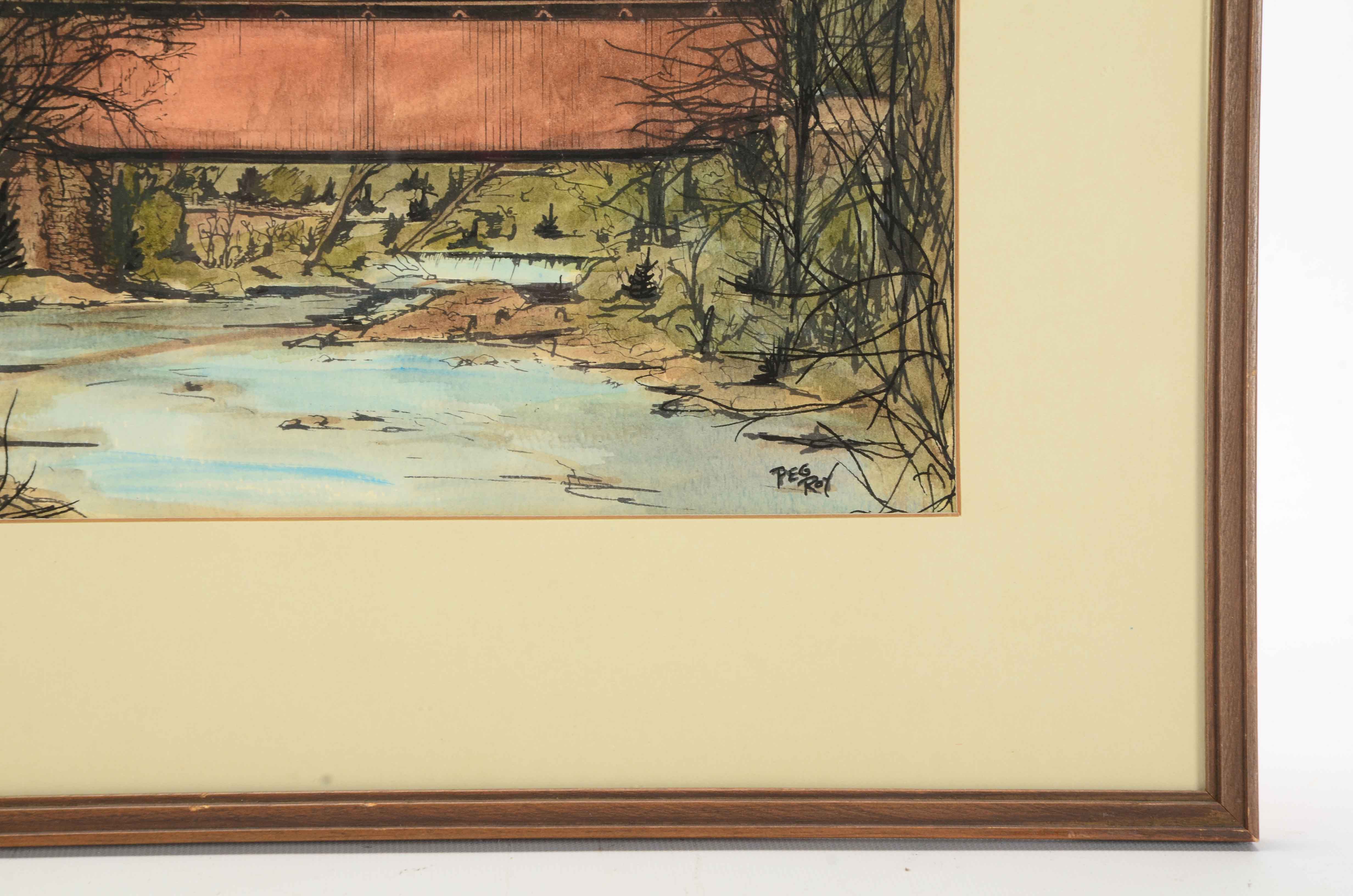 Peg Roy Signed Watercolor Painting of a Covered Bridge