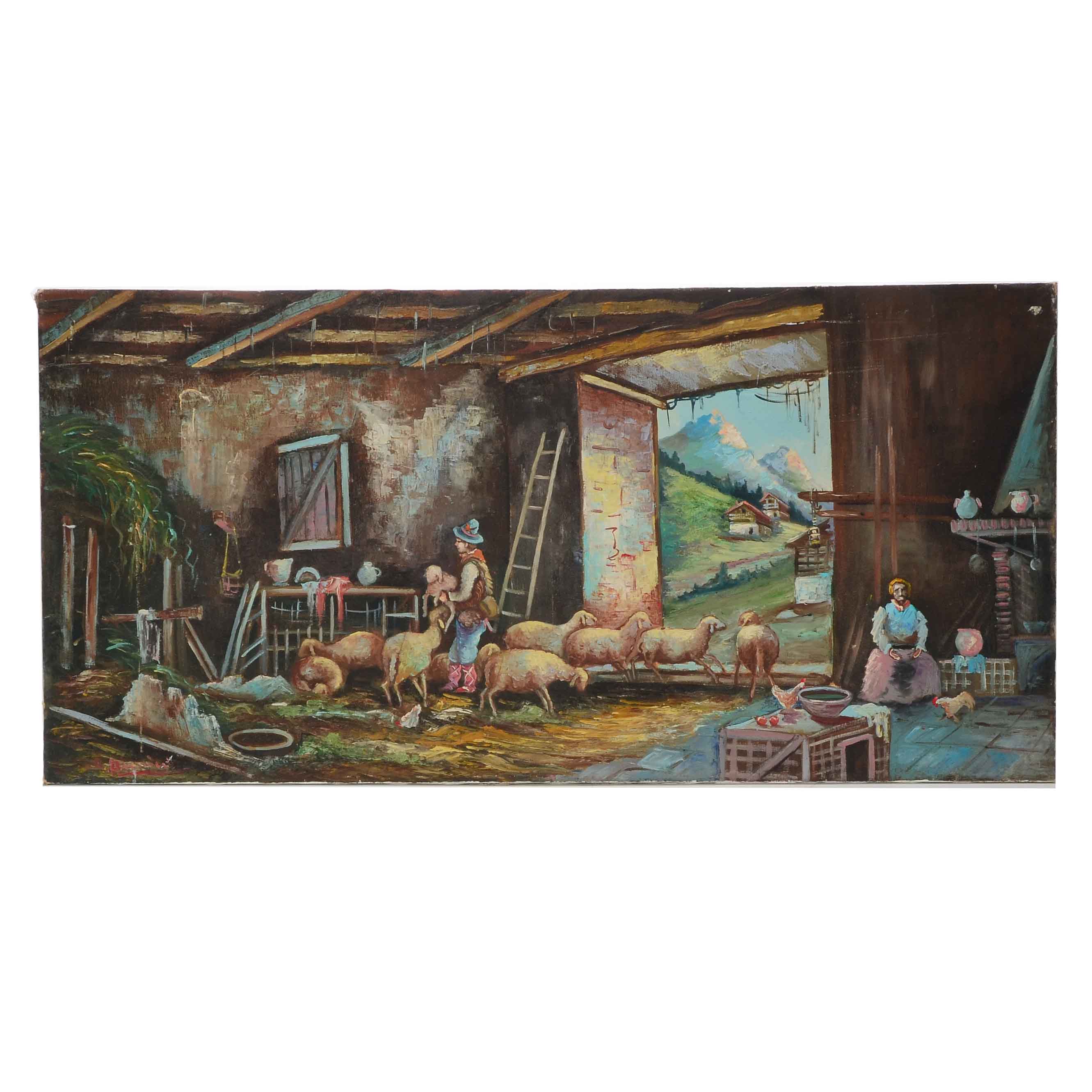Original Signed Oil Painting on Canvas of a Barn Interior