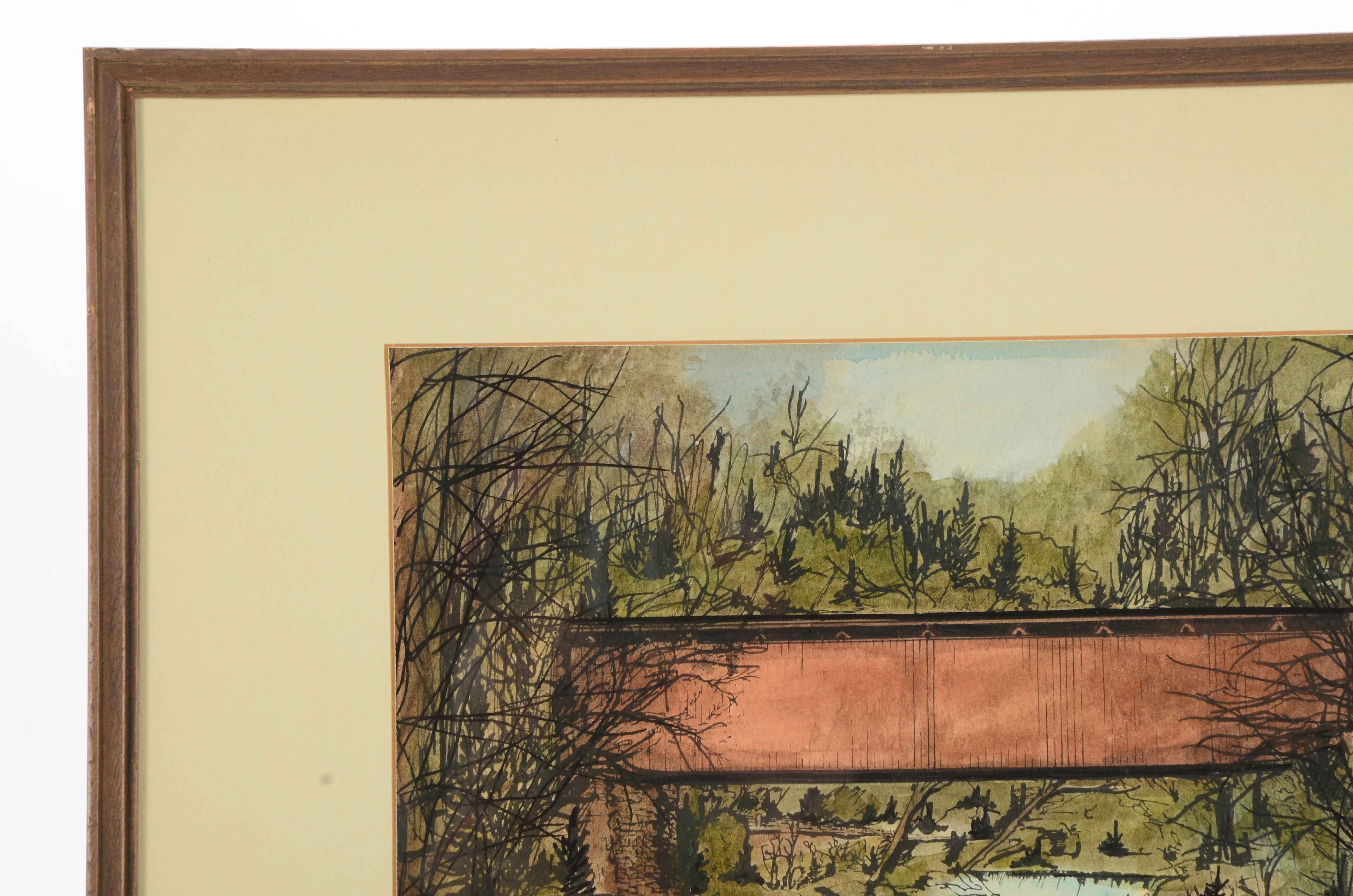 Peg Roy Signed Watercolor Painting of a Covered Bridge