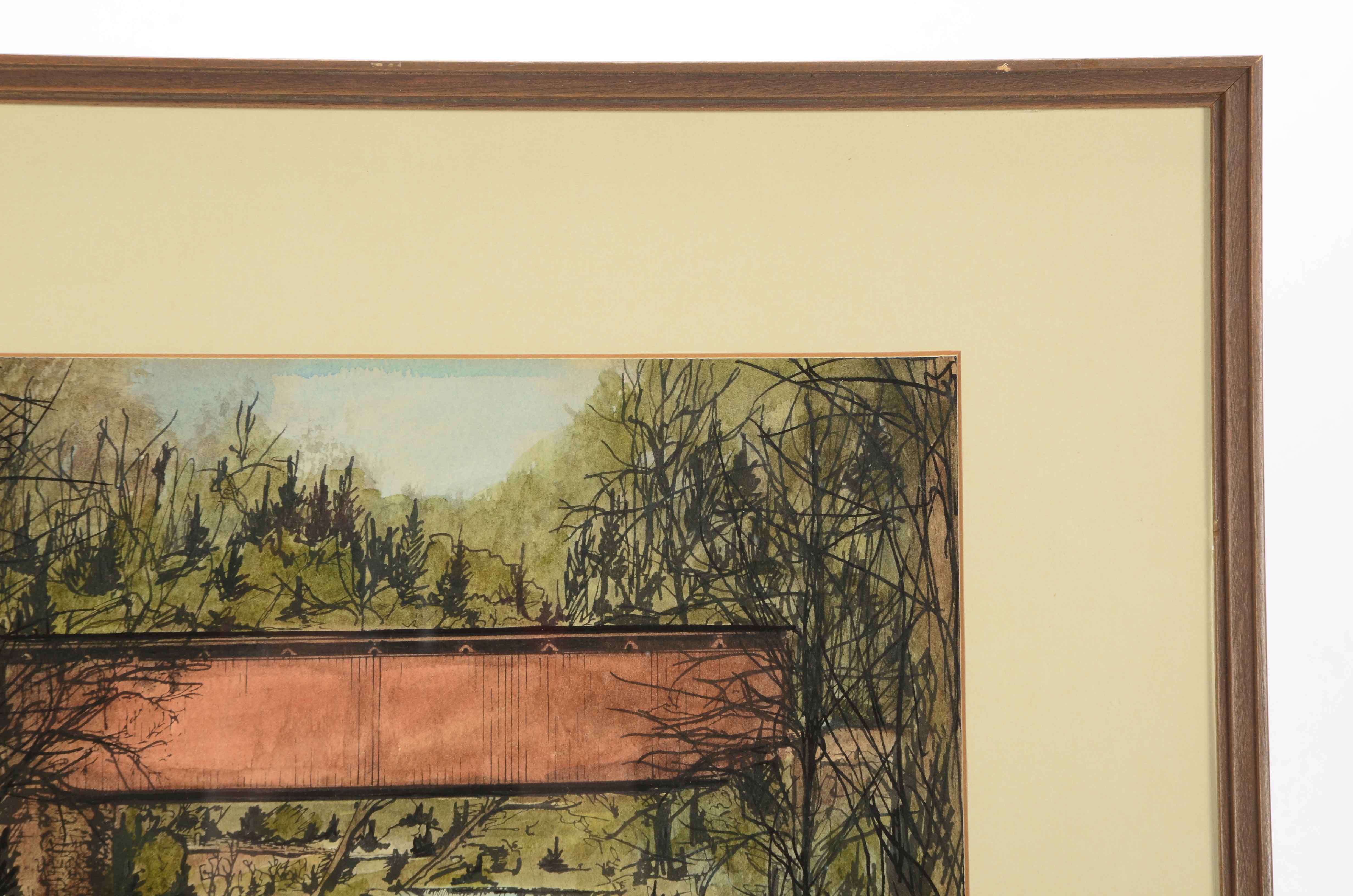 Peg Roy Signed Watercolor Painting of a Covered Bridge