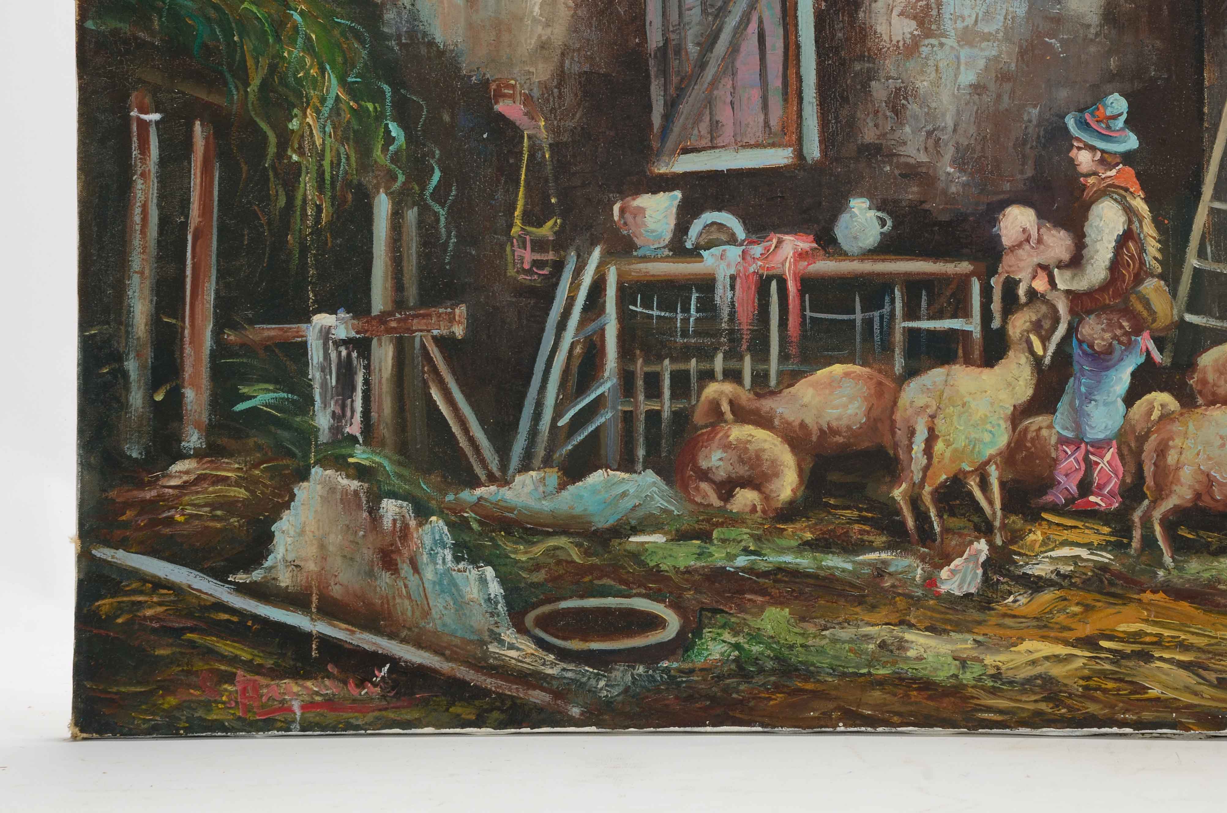 Original Signed Oil Painting on Canvas of a Barn Interior