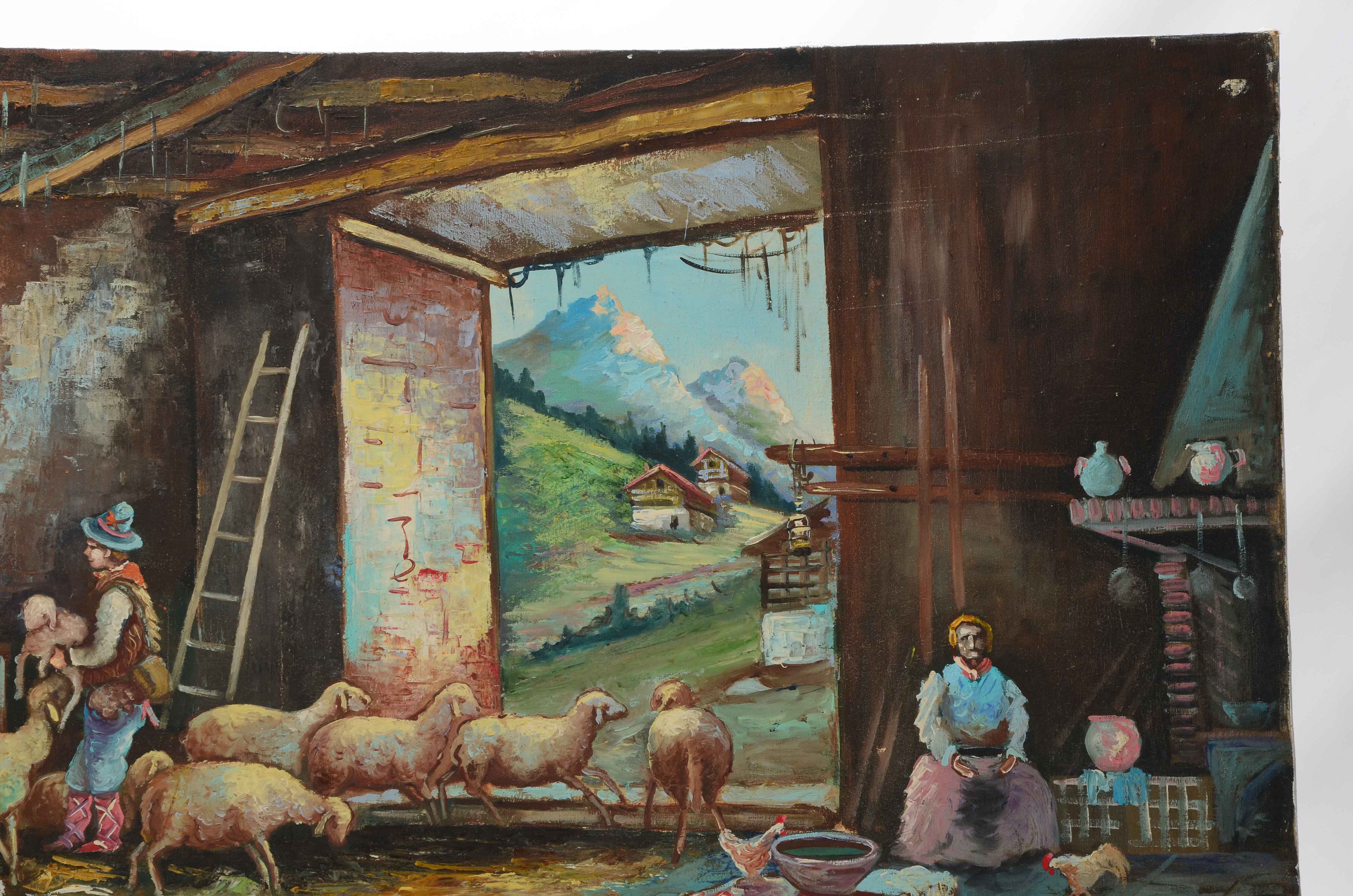 Original Signed Oil Painting on Canvas of a Barn Interior