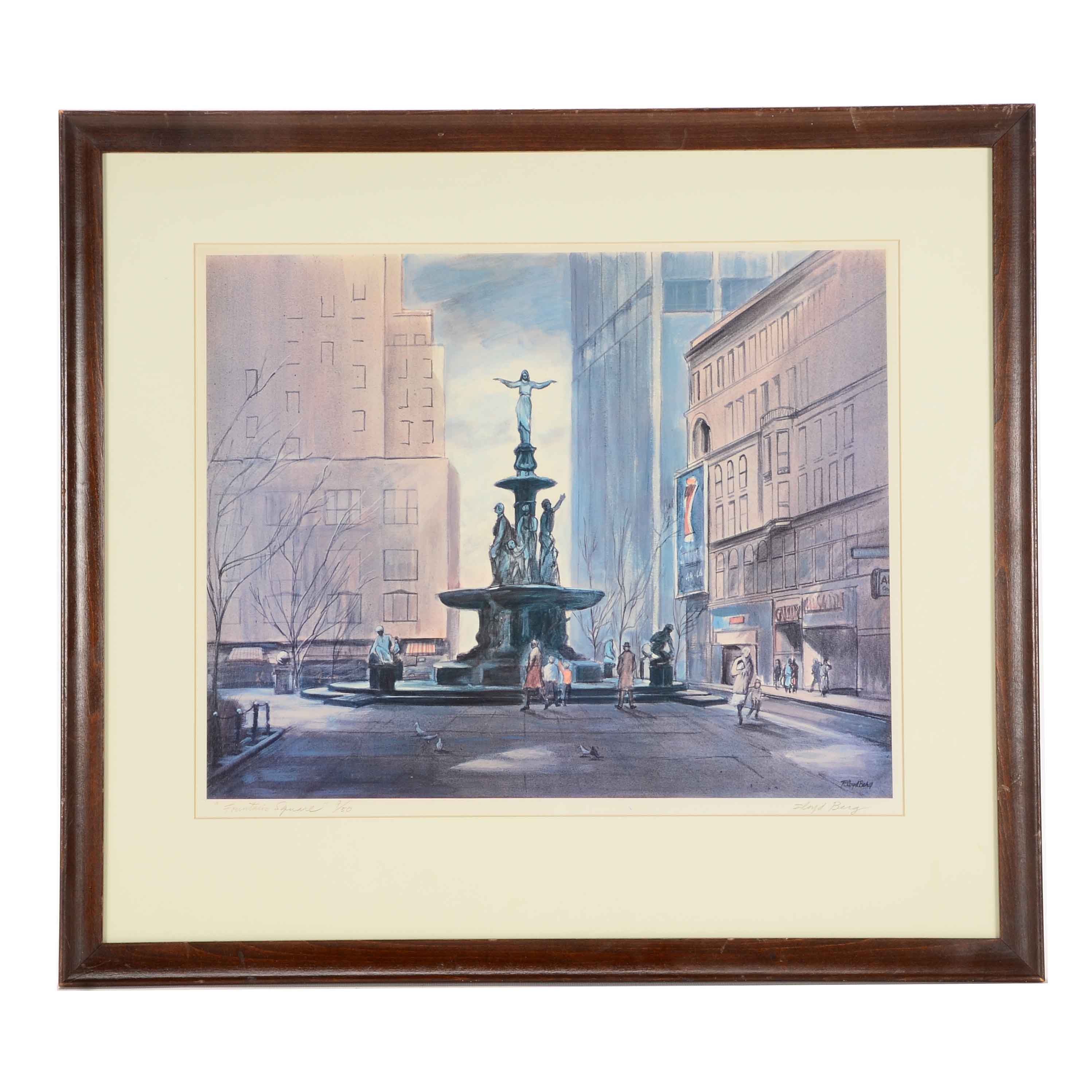 Floyd Berg Signed Offset Lithograph "Fountain Square"