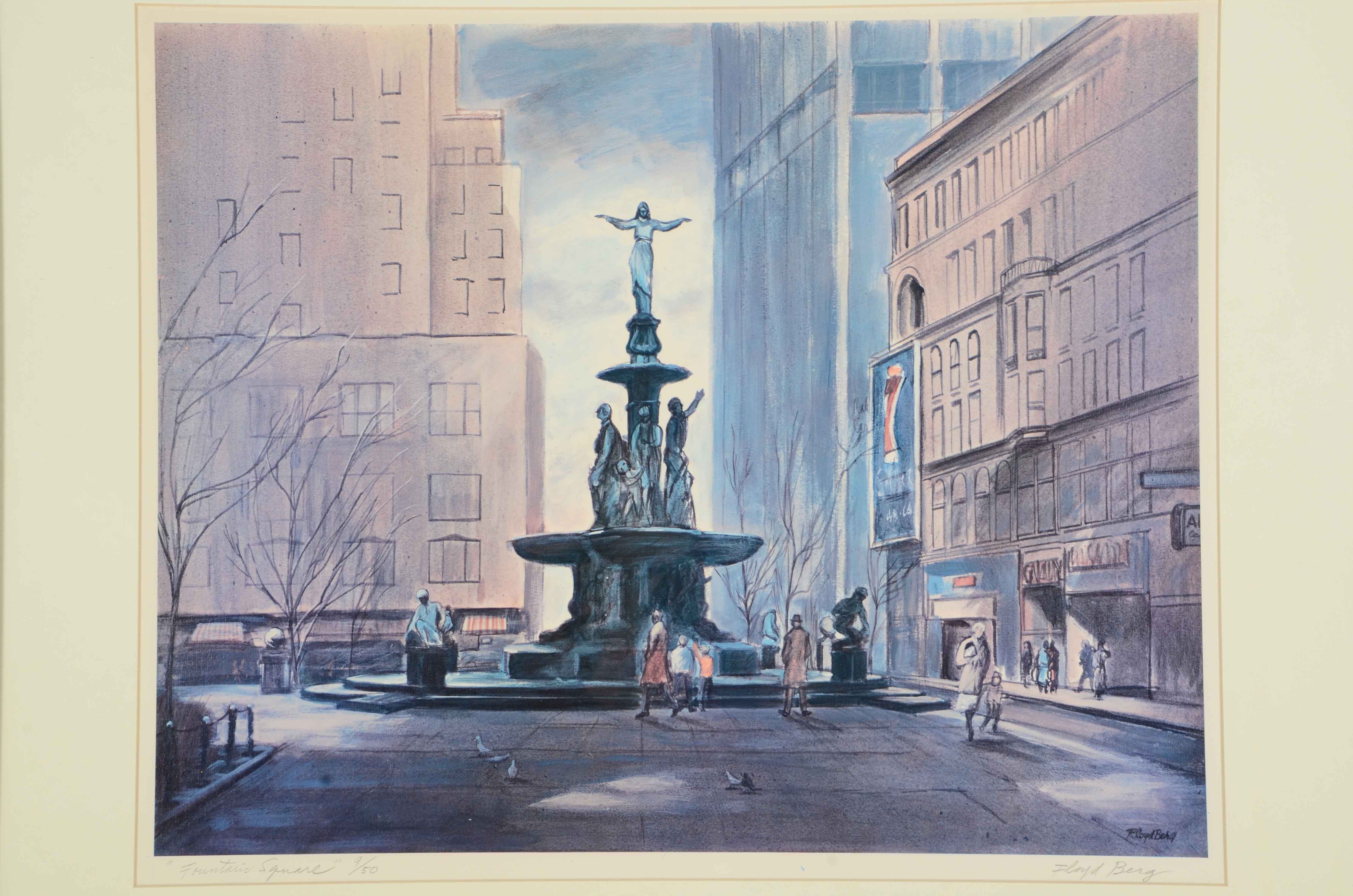 Floyd Berg Signed Offset Lithograph "Fountain Square"