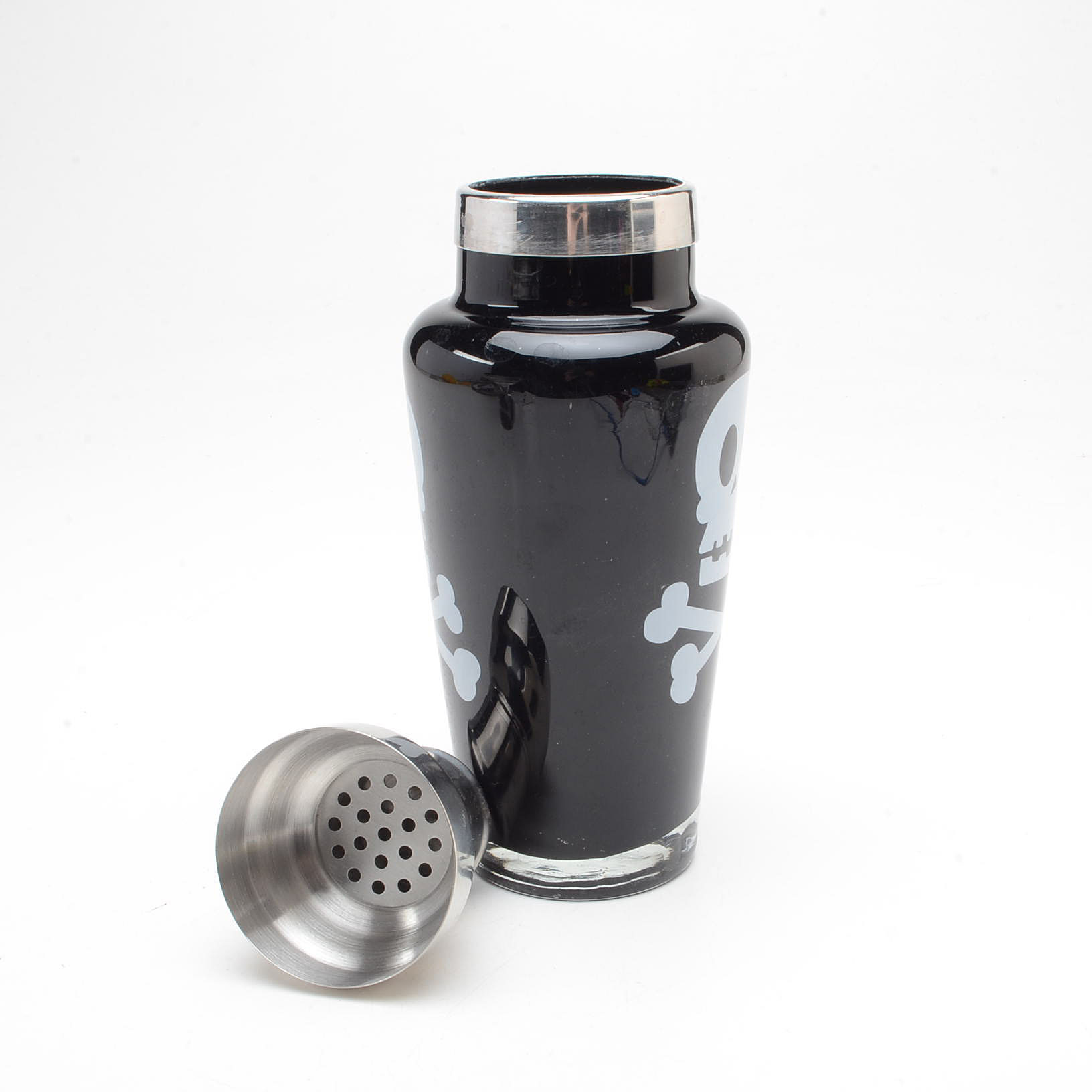 Blown Black Glass Skull and Bones Cocktail Shaker
