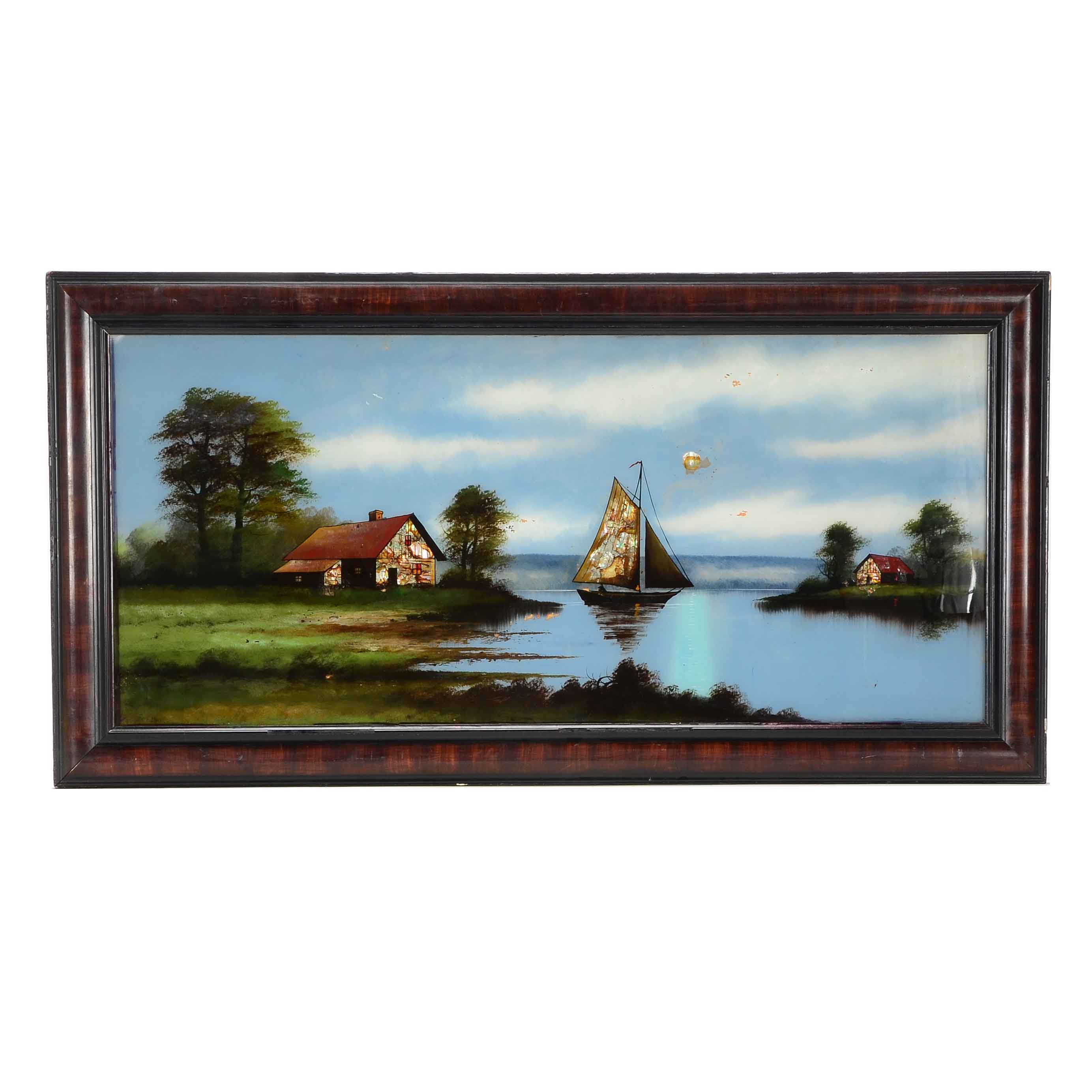 Antique Reversed Glass Painting of a Landscape