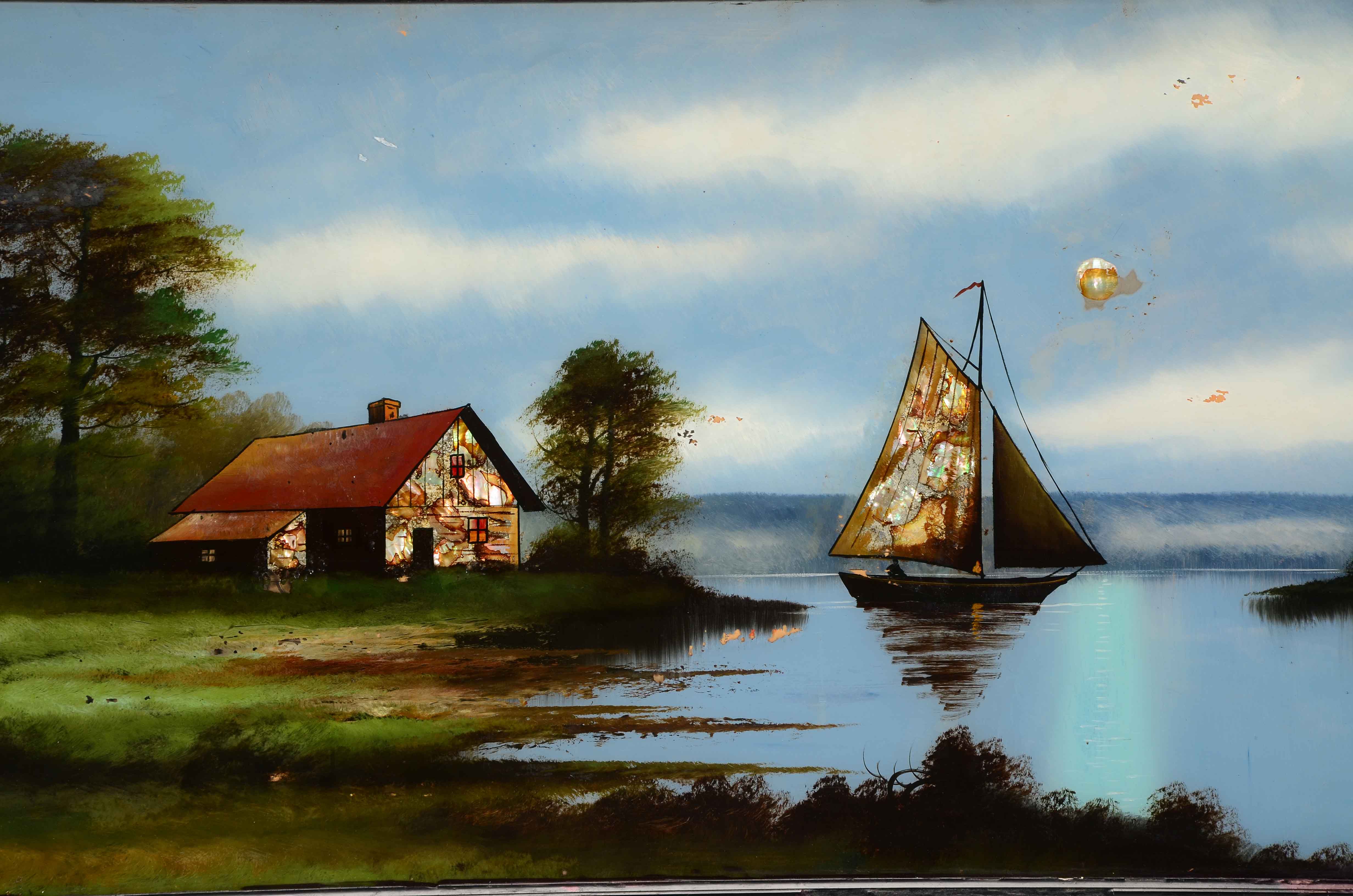 Antique Reversed Glass Painting of a Landscape