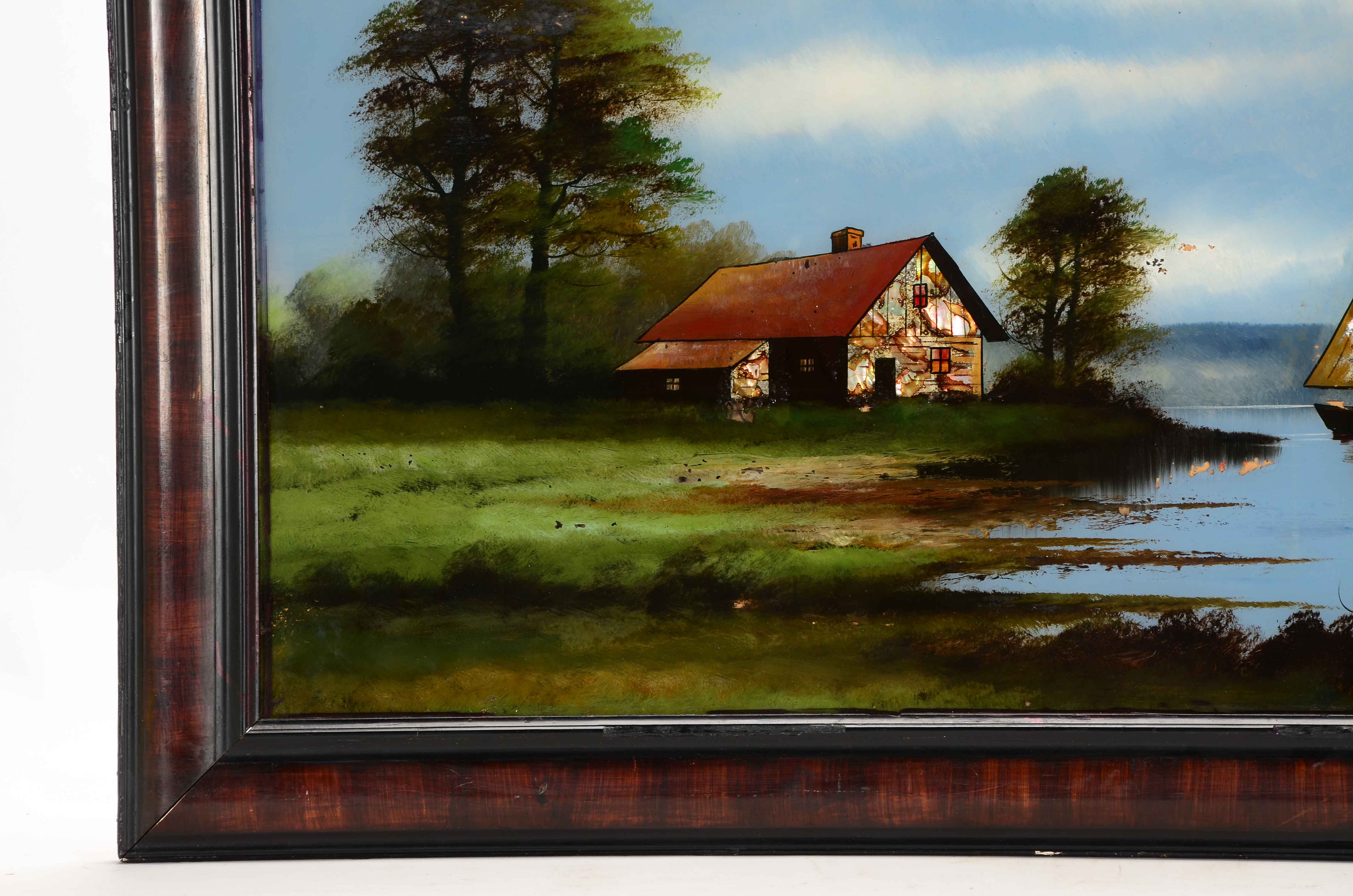 Antique Reversed Glass Painting of a Landscape