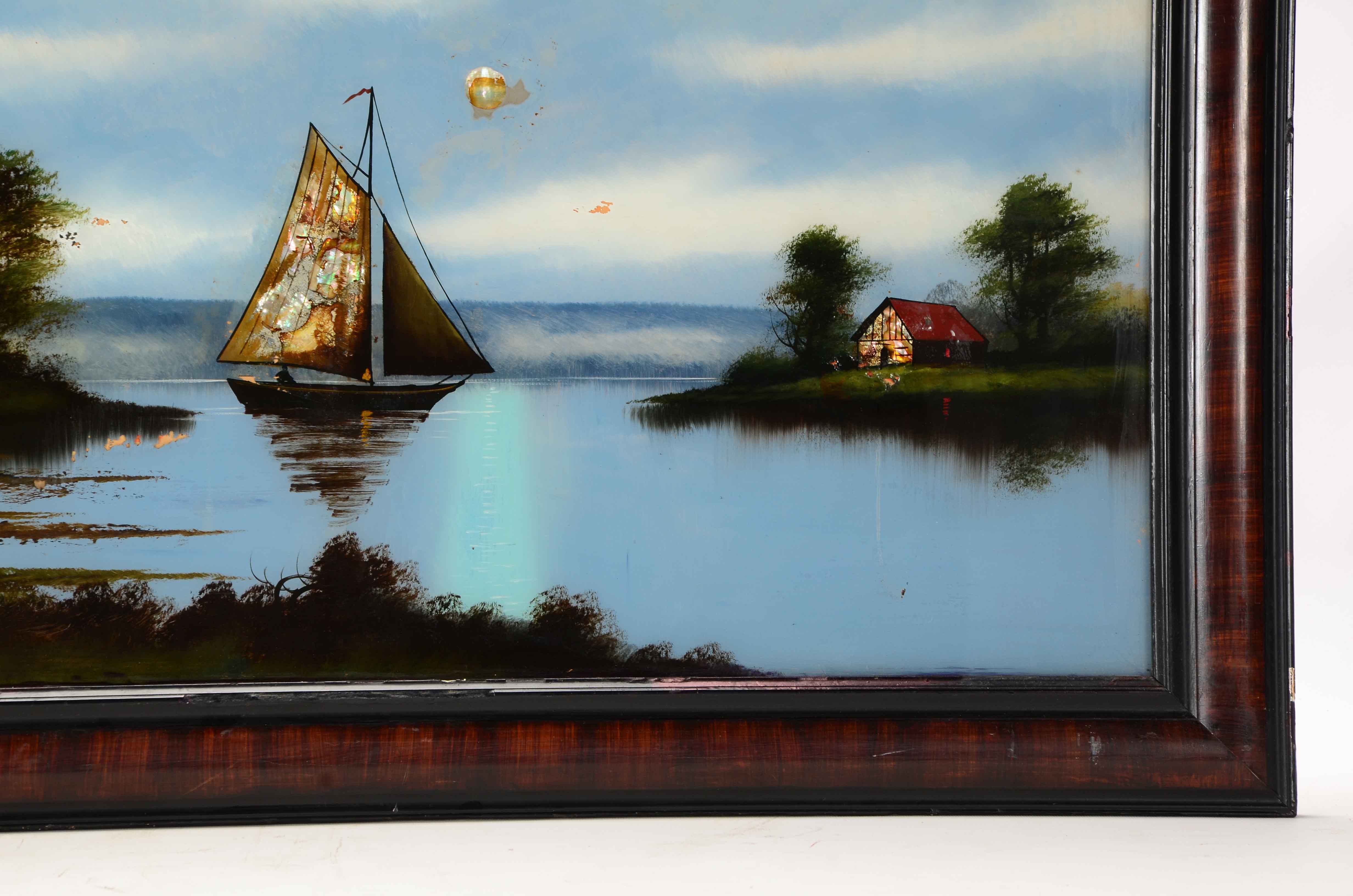 Antique Reversed Glass Painting of a Landscape