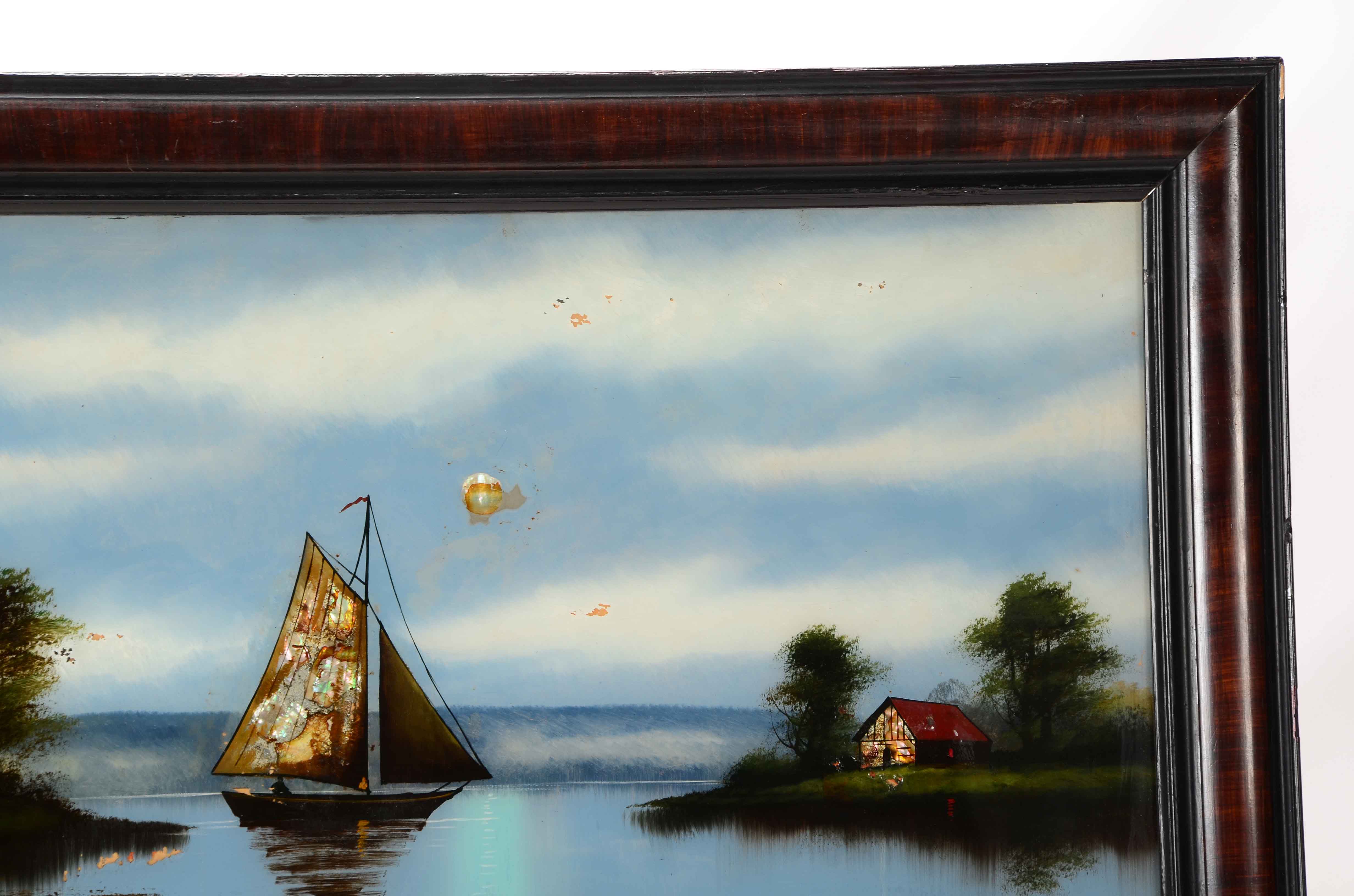 Antique Reversed Glass Painting of a Landscape