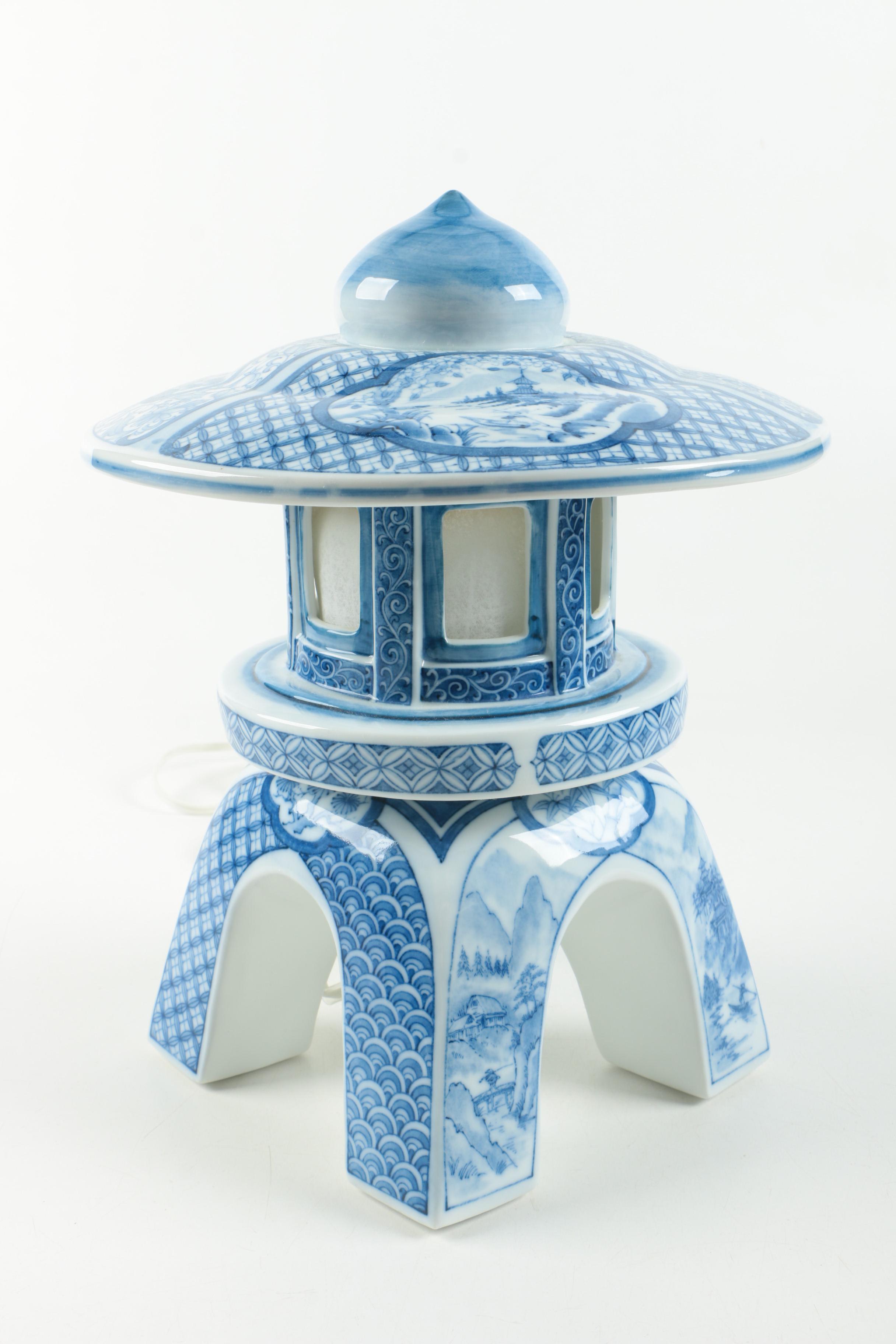 Blue and White Chinese Lantern Style Lamp