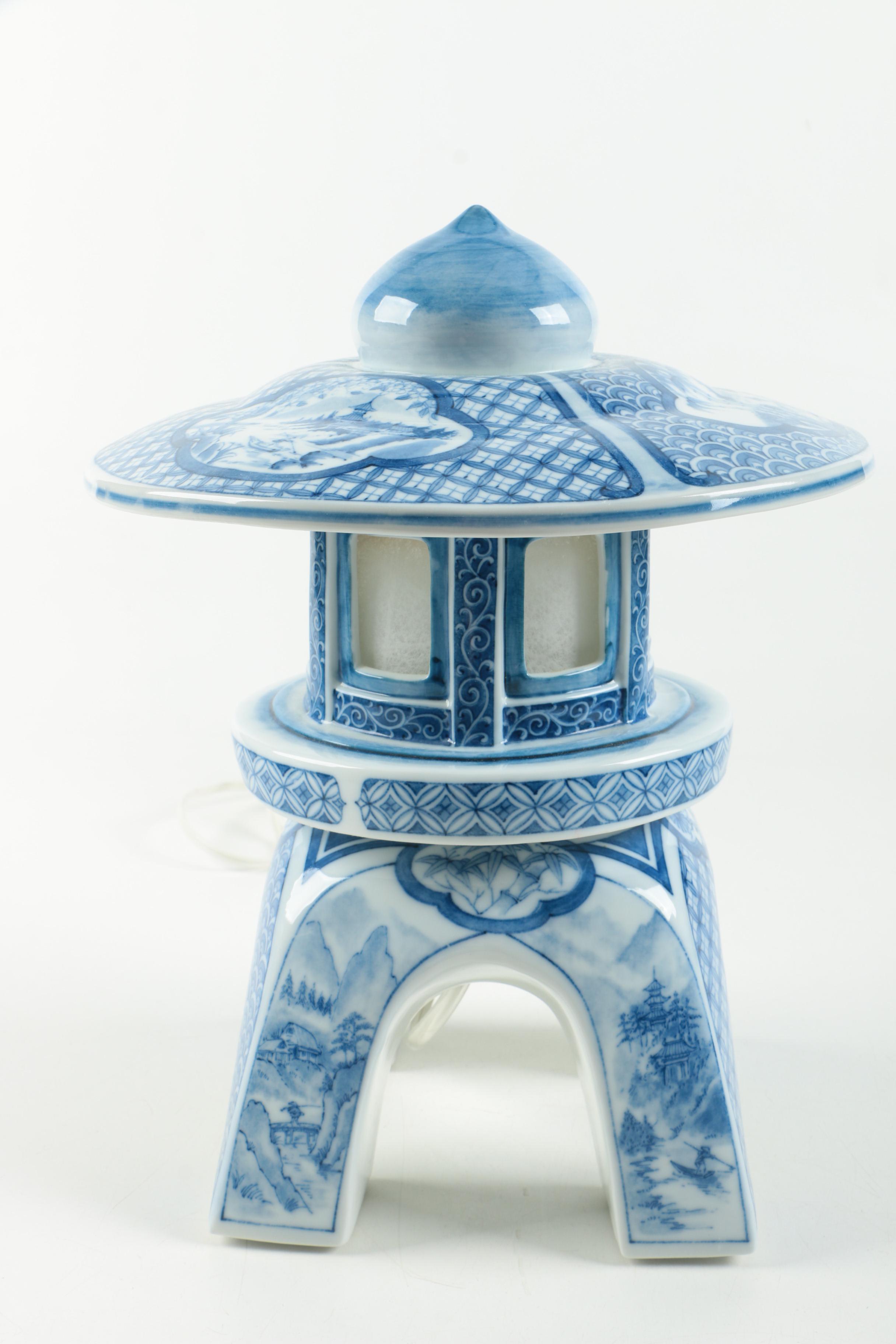 Blue and White Chinese Lantern Style Lamp