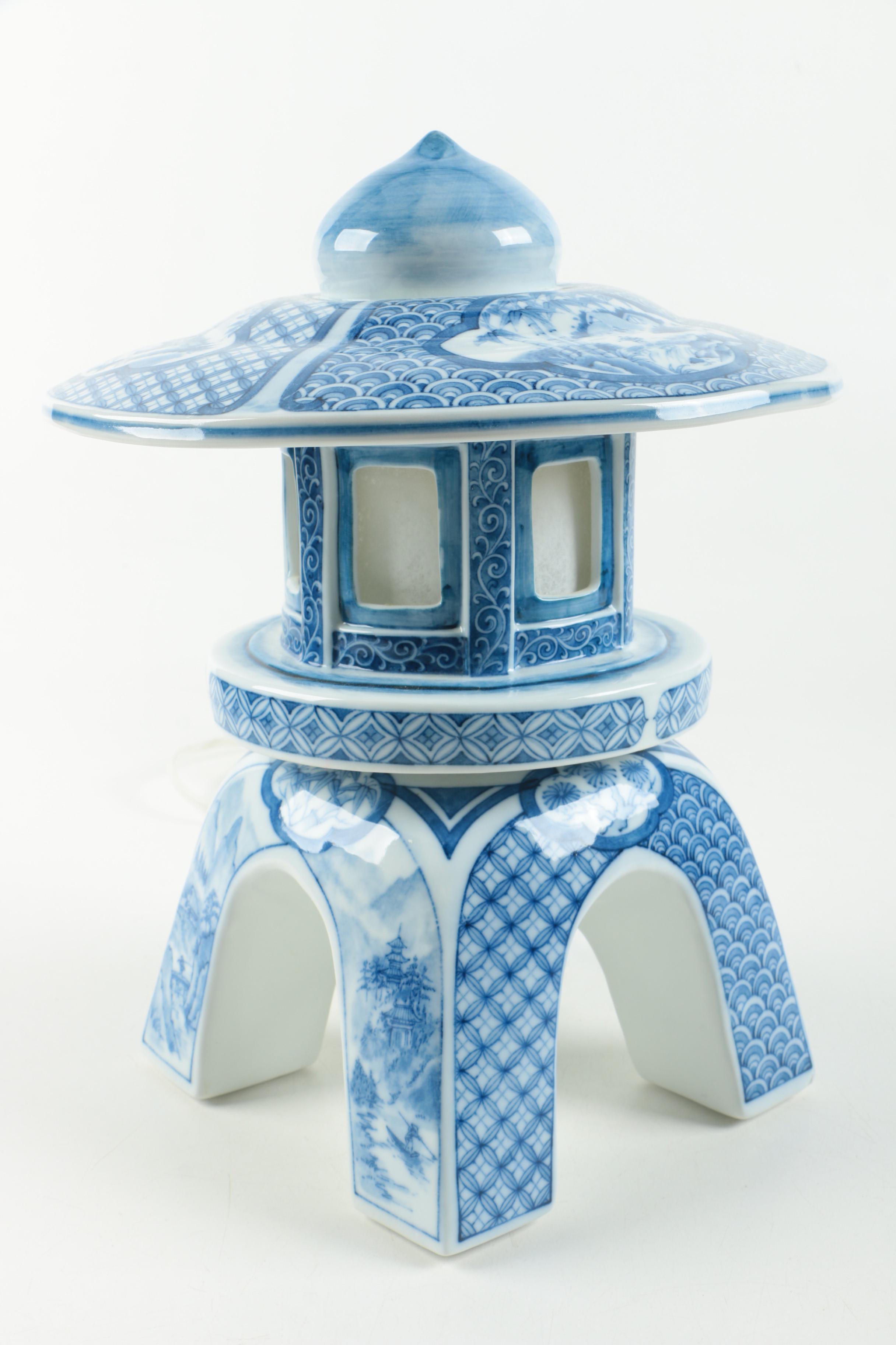 Blue and White Chinese Lantern Style Lamp
